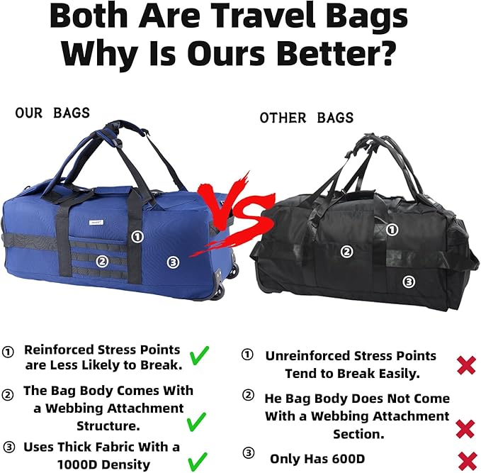 80L Rolling Duffel Bag with Wheels,Rolling Garment Bag,Military Tactical Wheeled Foldable Backpack For Deployment Traveling Camping Sporting (Blue+Drawstring bag)