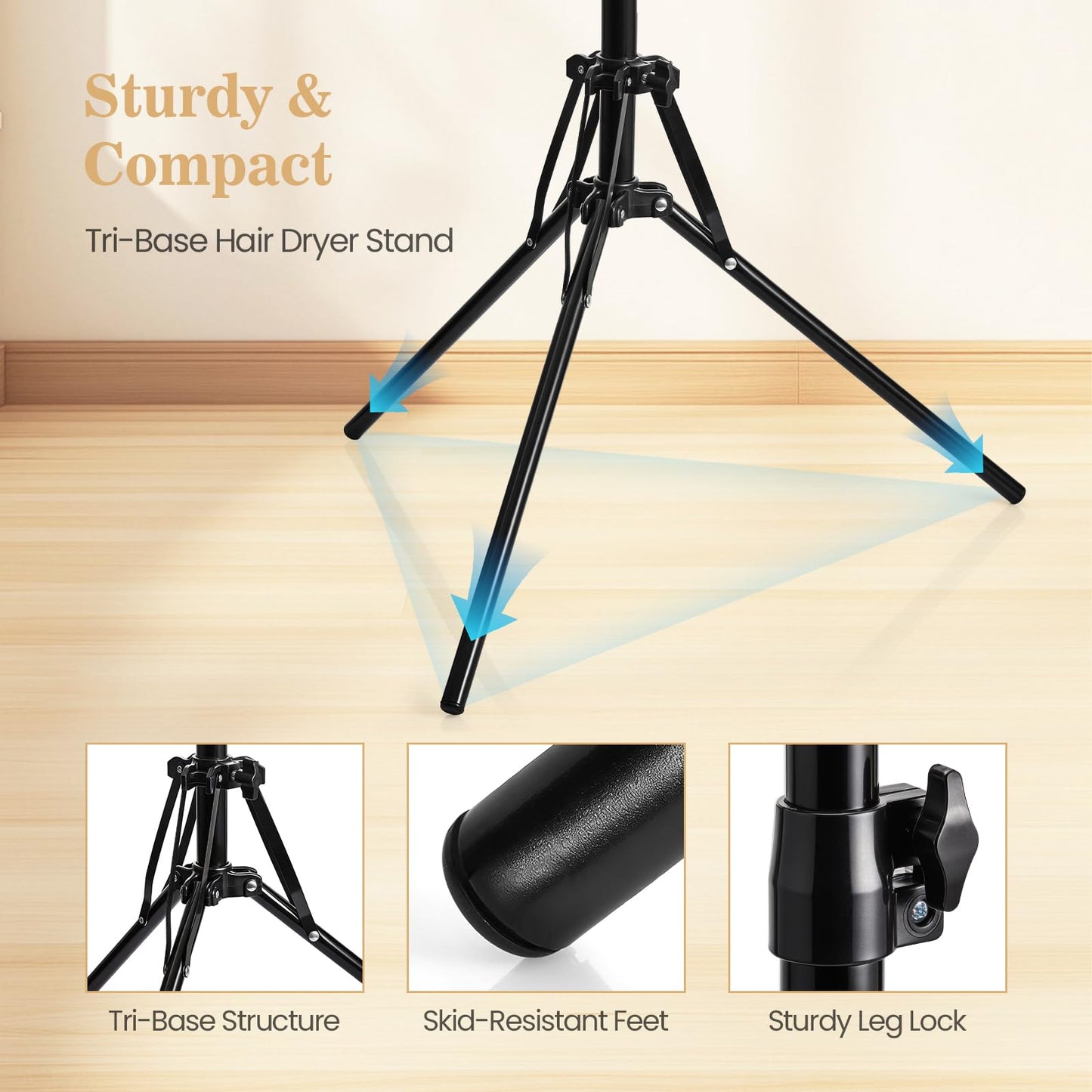BUDSTR Hair Dryer Stand, Thickened Heavy Duty Metal Blow Dryer Holder with Reinforced Universal Anti-Scratch Clip, Anti-Tip Triangle Base for Bathroom, Vanity, Makeup Room, Home Hair Styling, Pet Grooming