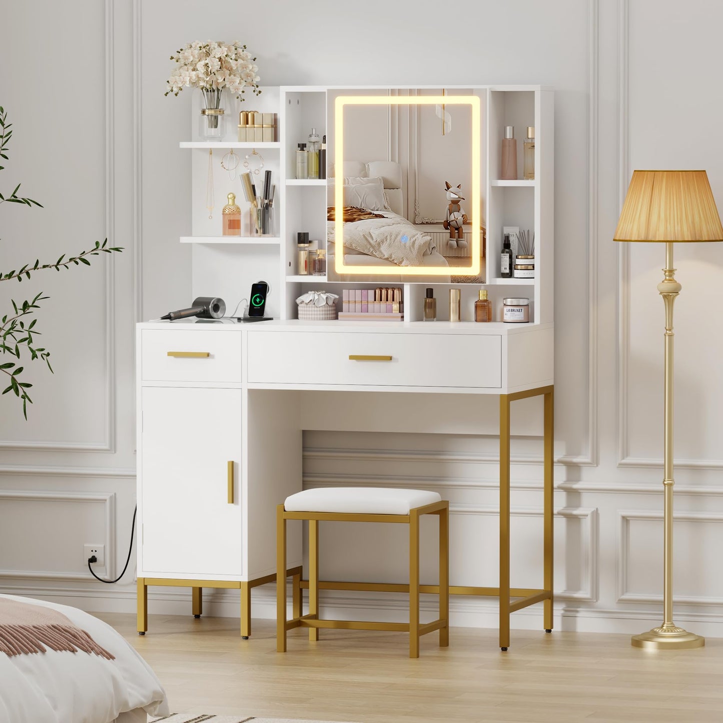 GAOMON 42.5" Makeup Vanity Desk with Mirror - Vanity Table with Stool, Charging Station, 3 Lighting Colors, Visible Drawers Storage Shelves, Dressing Table for Bedroom - White