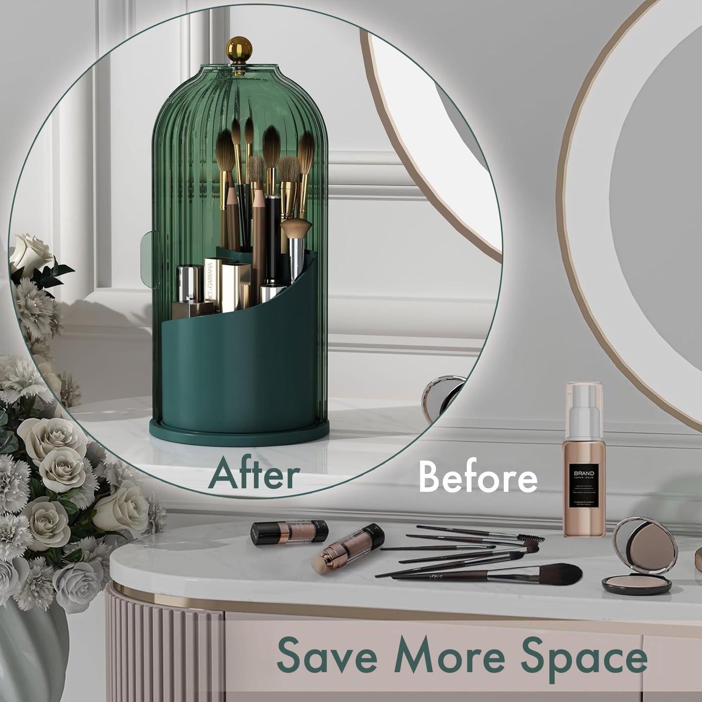ZHUSSZHU Makeup Brush Holder with Lid Cosmetic Tools Organizer 360 Rotating Waterproof Dustproof Beauty Brushes Storage for Vanity, White Malachite green