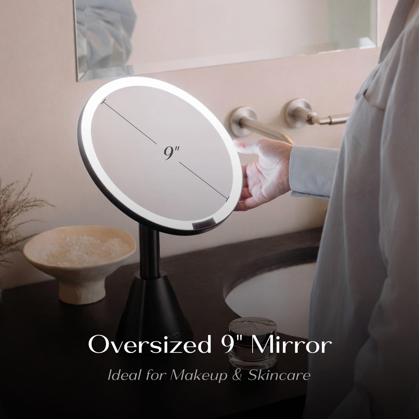 Ilios Lighting 9" Lighted Makeup Mirror with 5X Magnification – Rechargeable LED Vanity Mirror, Adjustable Lighting (3200K–6500K), 1000 Lux Brightness, Stepless Dimming (Black)