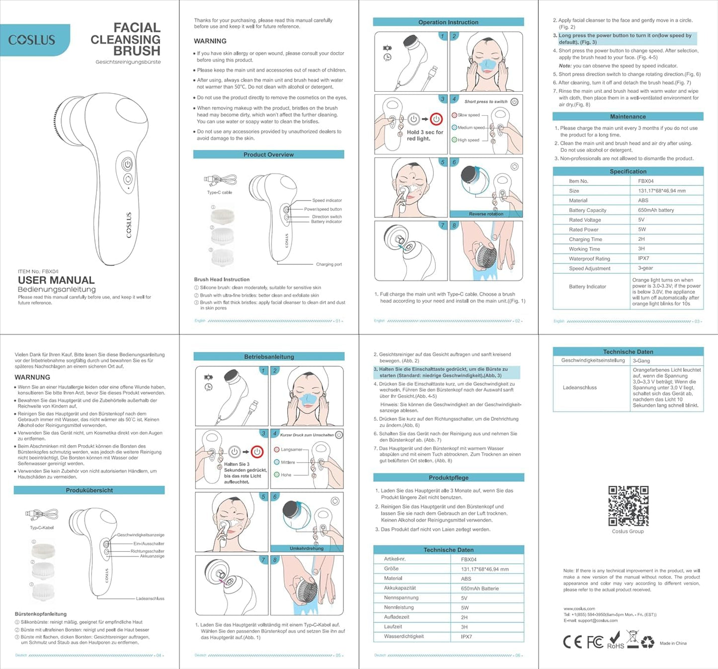 COSLUS FBX04 Powered Facial Cleansing Brush: Rechargeable Electric Face Cleanser for Sensitive & Acne-Prone Skin, 3 Brush Heads, 3 Speeds, 2-Direction Rotation, for Men Women IPX7, Deep Cleaning Blue