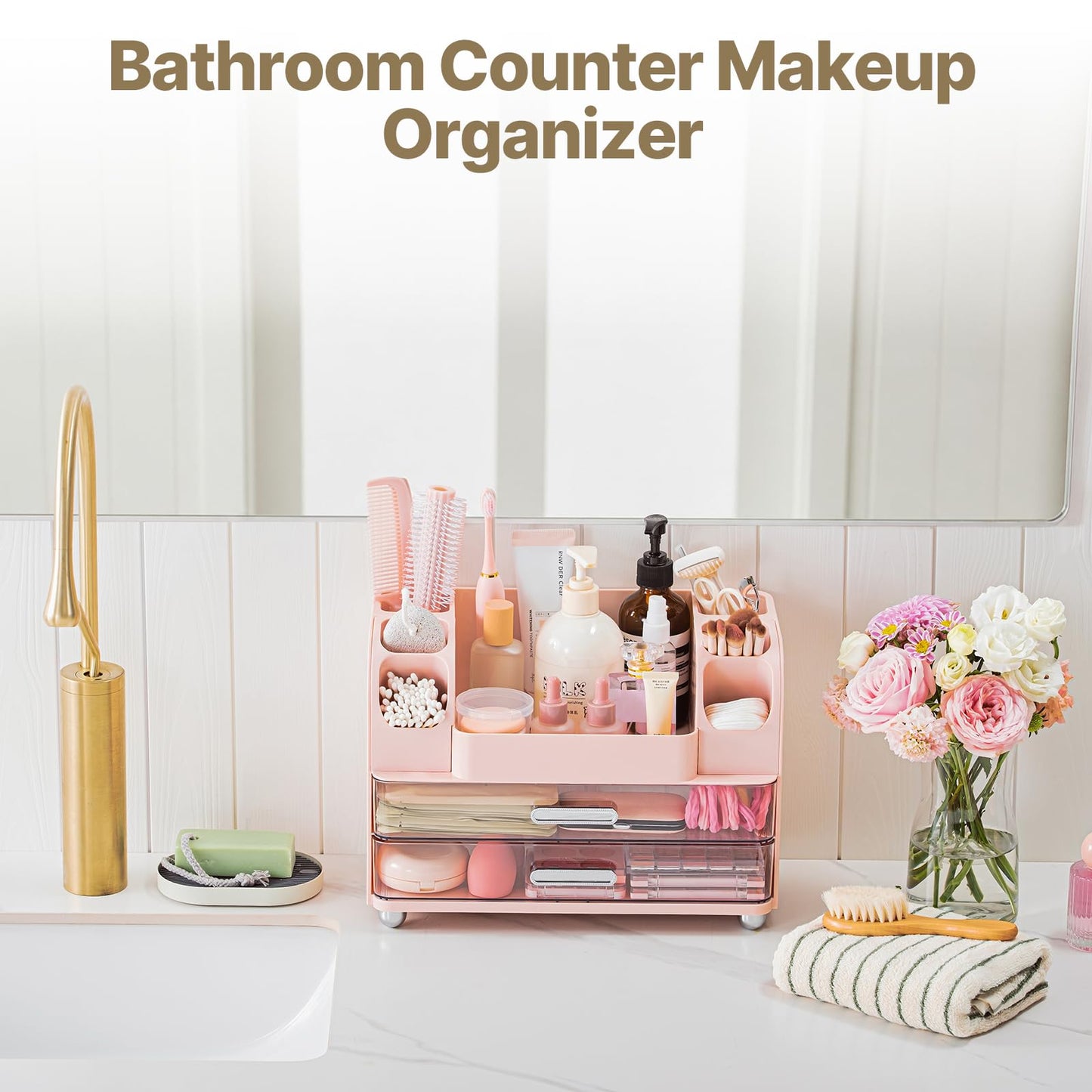 Makeup Organizer with Brush Holder, Makeup Organizer Countertop with 2 Drawers, Make up Organizers for Vanity, Vanity Organizer, Makeup Storage For Skin Cares,Makeup Brushes,Lipsticks,Perfumes(Pink)