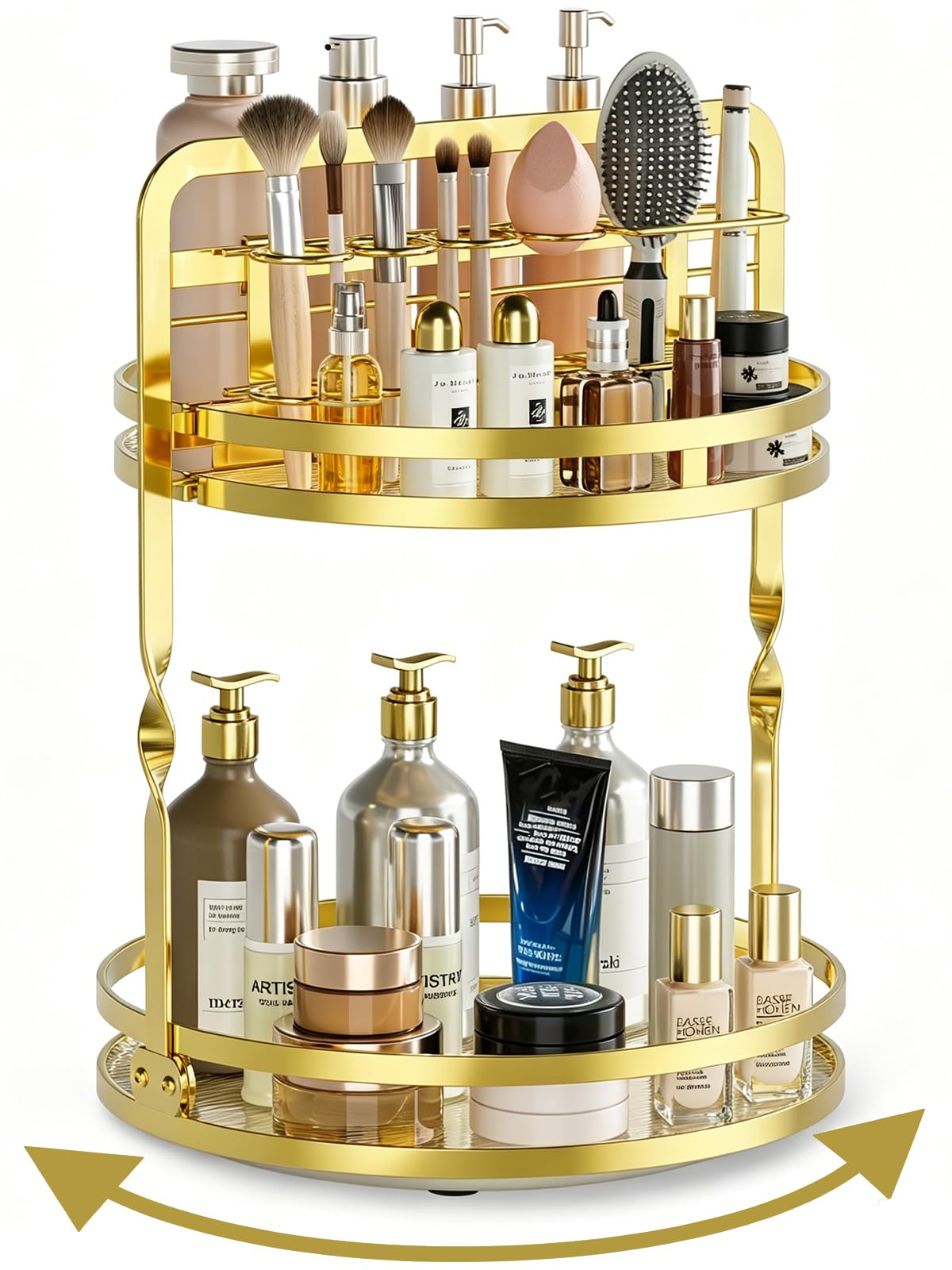 DUANFEE 360° Rotating Makeup Organizer, 2-Tier Gold Perfume Organizer for Dresser, Bathroom Organizer Countertop, Lazy Susan Spinning Perfume Stand Vanity Skincare Storage with Makeup Brush Holder