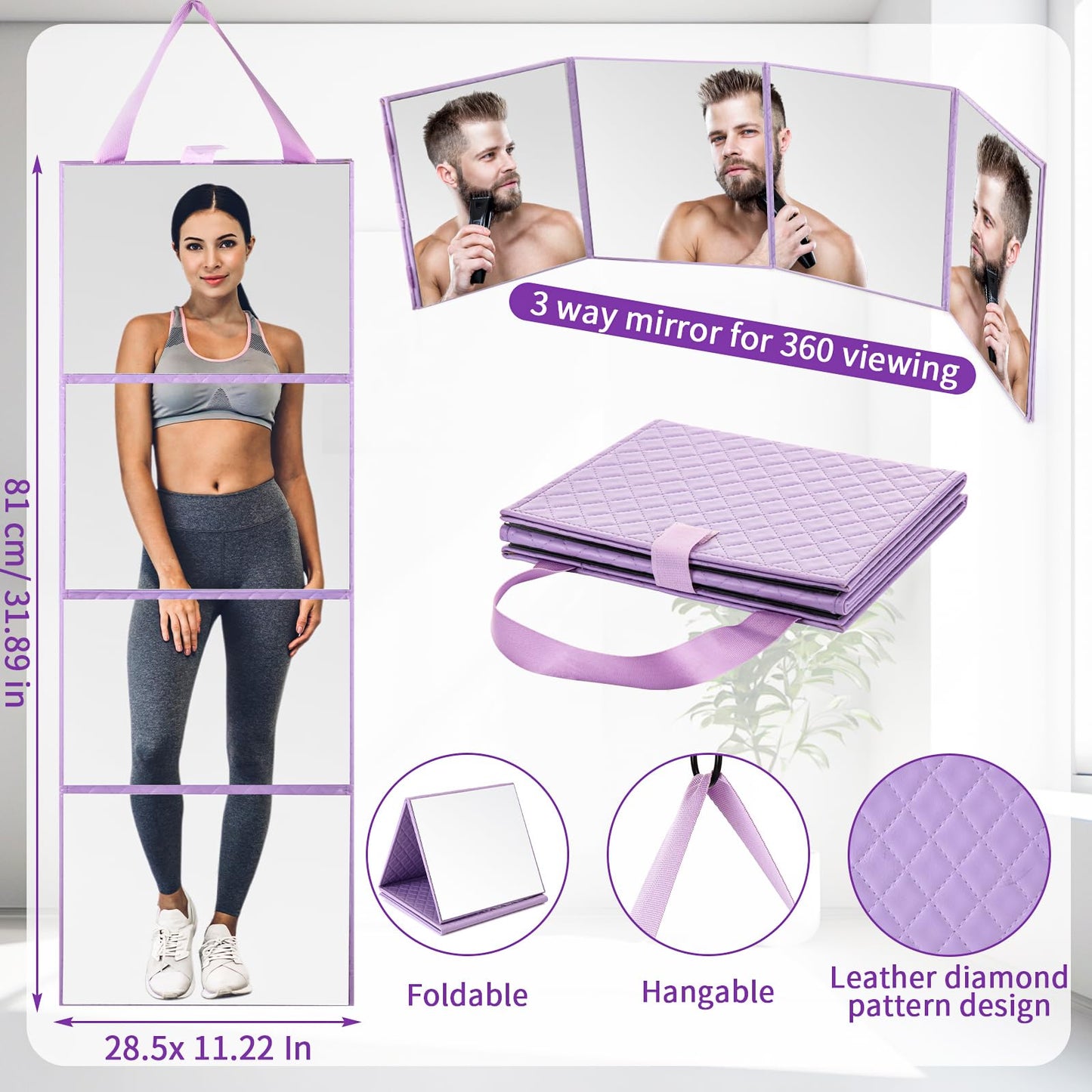 Burbell 3 Way Foldable Full Length Mirror with Handle Leather 31.89 x 11.22 Inches Portable Hanging Travel Mirror Rectangular for Makeup Dance Home Fitness Spa Hair Styling(Purple)