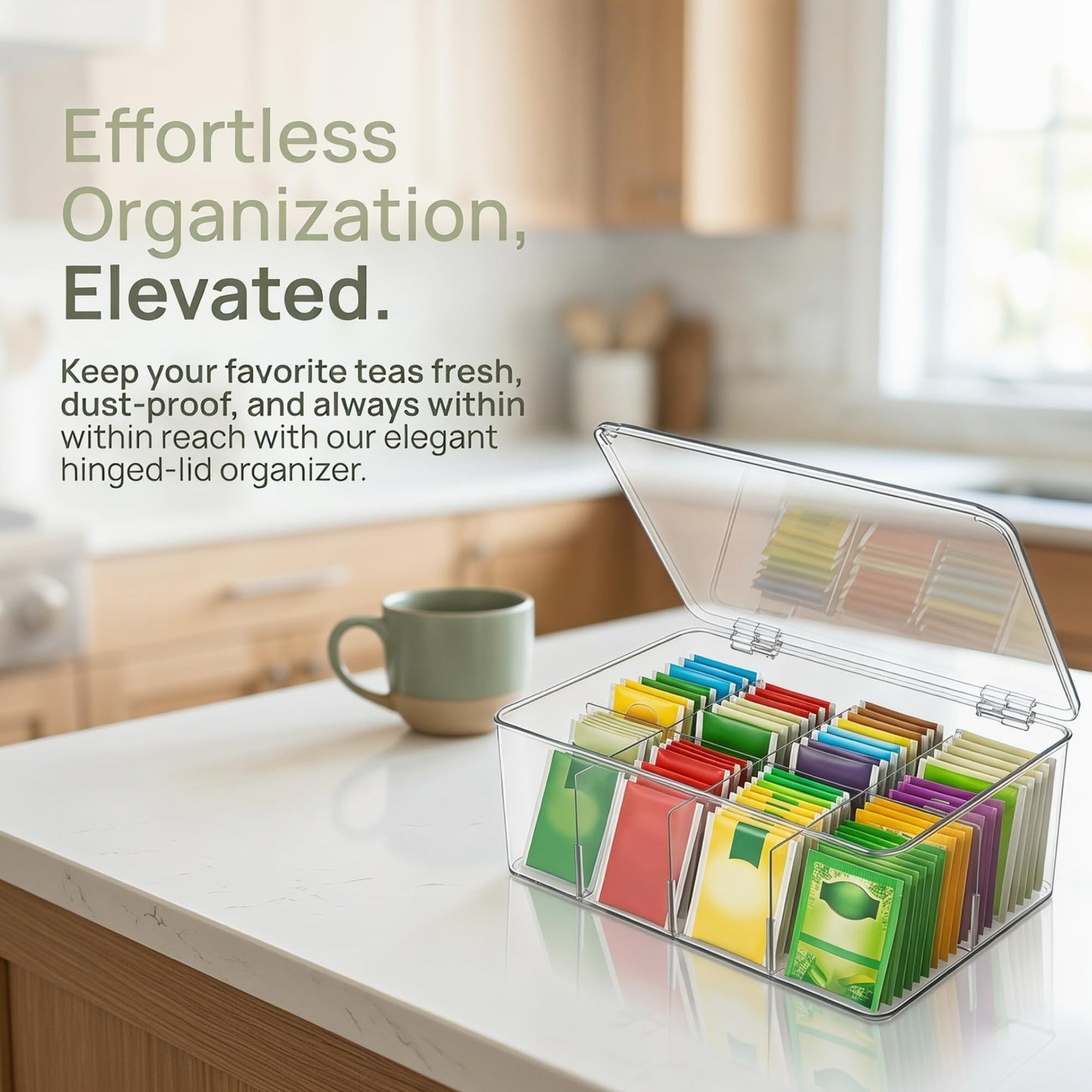 Tea Bag Organizer - Clear Acrylic Tea Storage Box with 8 Adjustable Compartments & Stackable Design for Pantry, Kitchen & Coffee Station - Versatile Tea Bag Holder with Lid