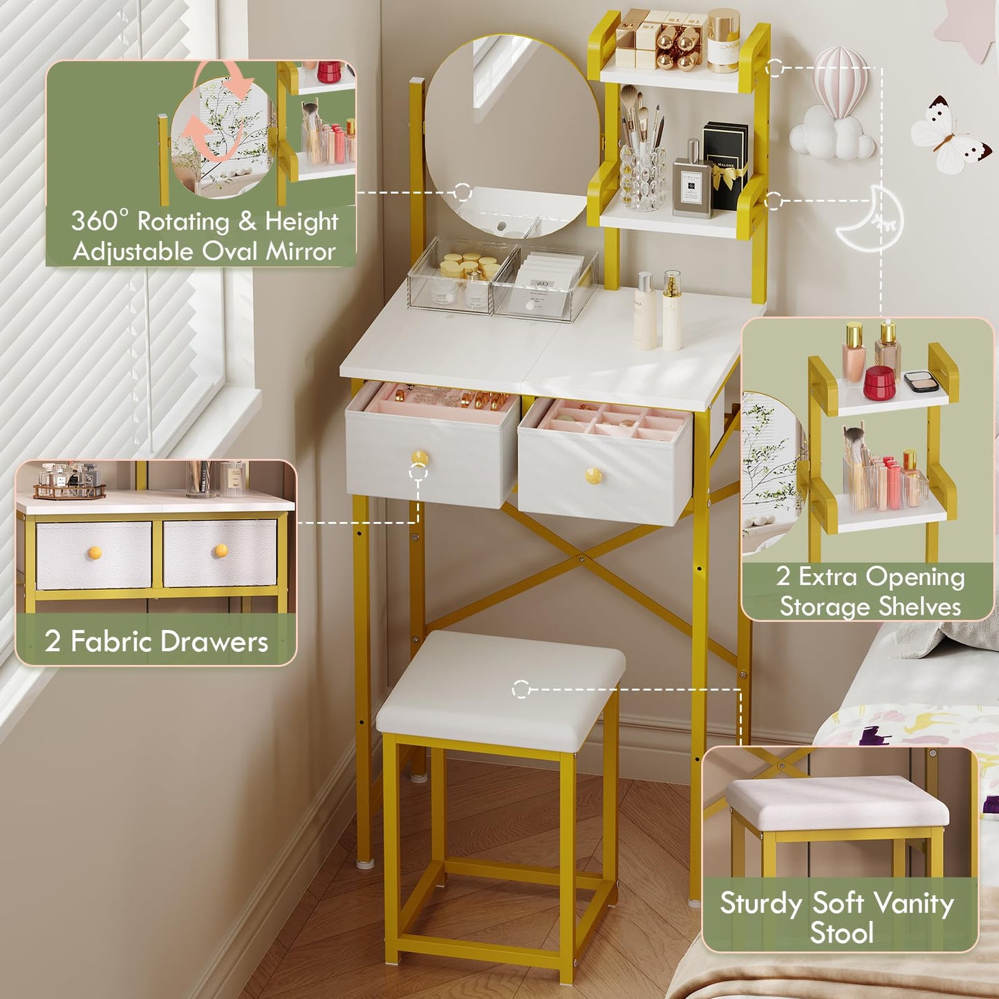X-cosrack 19.7"W Golden Small Vanity Desk Set with Adjustable Oval Mirror & Stool for Small Space, Mini Cute Cheap Makeup Vanity Table with Opening Shelves, Drawers for Teens Kids Girls Corner Bedroom