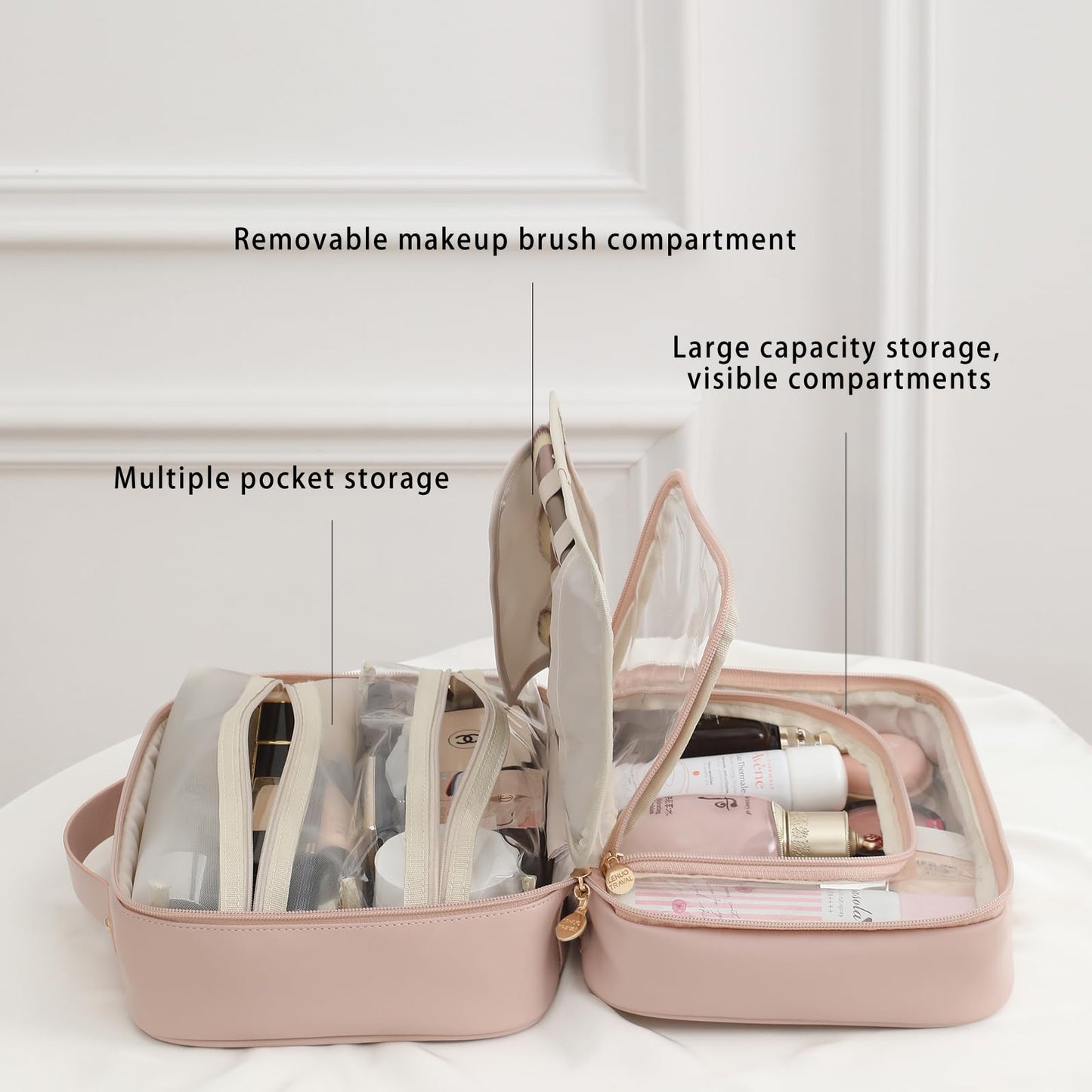 RIGHT AWAY Travel Toiletry Bag for Women,Large Makeup Bag& Cases,Waterproof Cosmetic Organizer Bag with Compartments,Portable Make Up Bag for Travel Size Toiletries,Skincare,Brushes Set,Pink