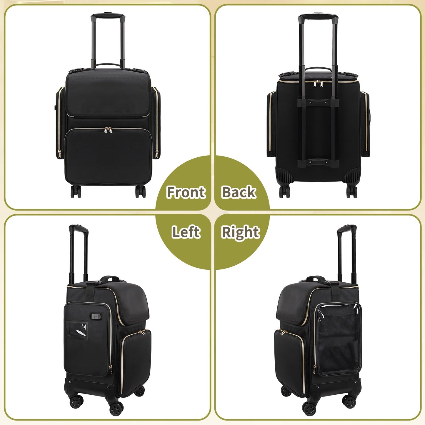 OCHEAL Hairstylist Traveling Case with 4 Clear Travel Makeup Bags Set, Cosmetic Makeup Trolley Train Case Hairdresser Case with Detachable Pouch & 360° Rotatable Wheels for HairdressingTool Organizer