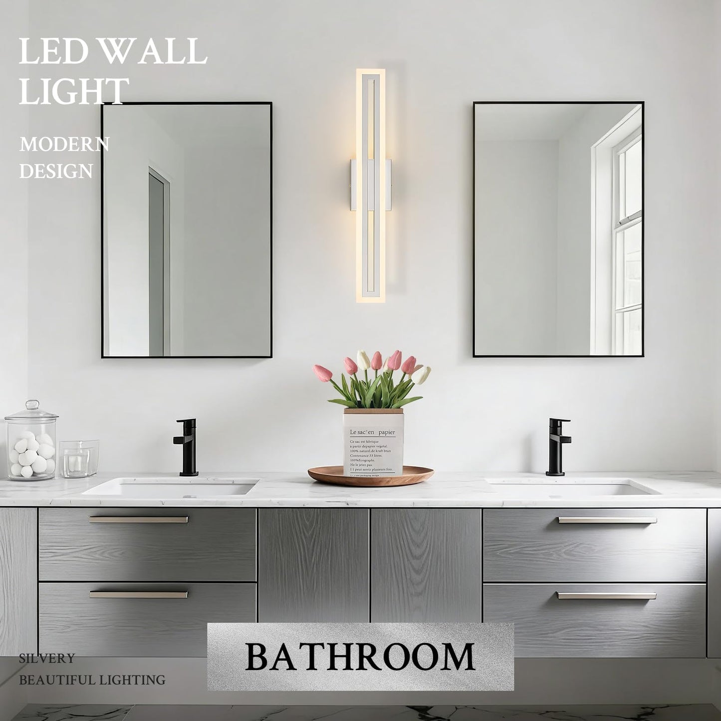 Sparklelf Modern LED Wall Sconce Silver Dimmable LED Vanity Lights Bathroom Lighting Fixtures Over Mirror Long Wall Light for Bathroom Dining Room, L24Inch 5CCT