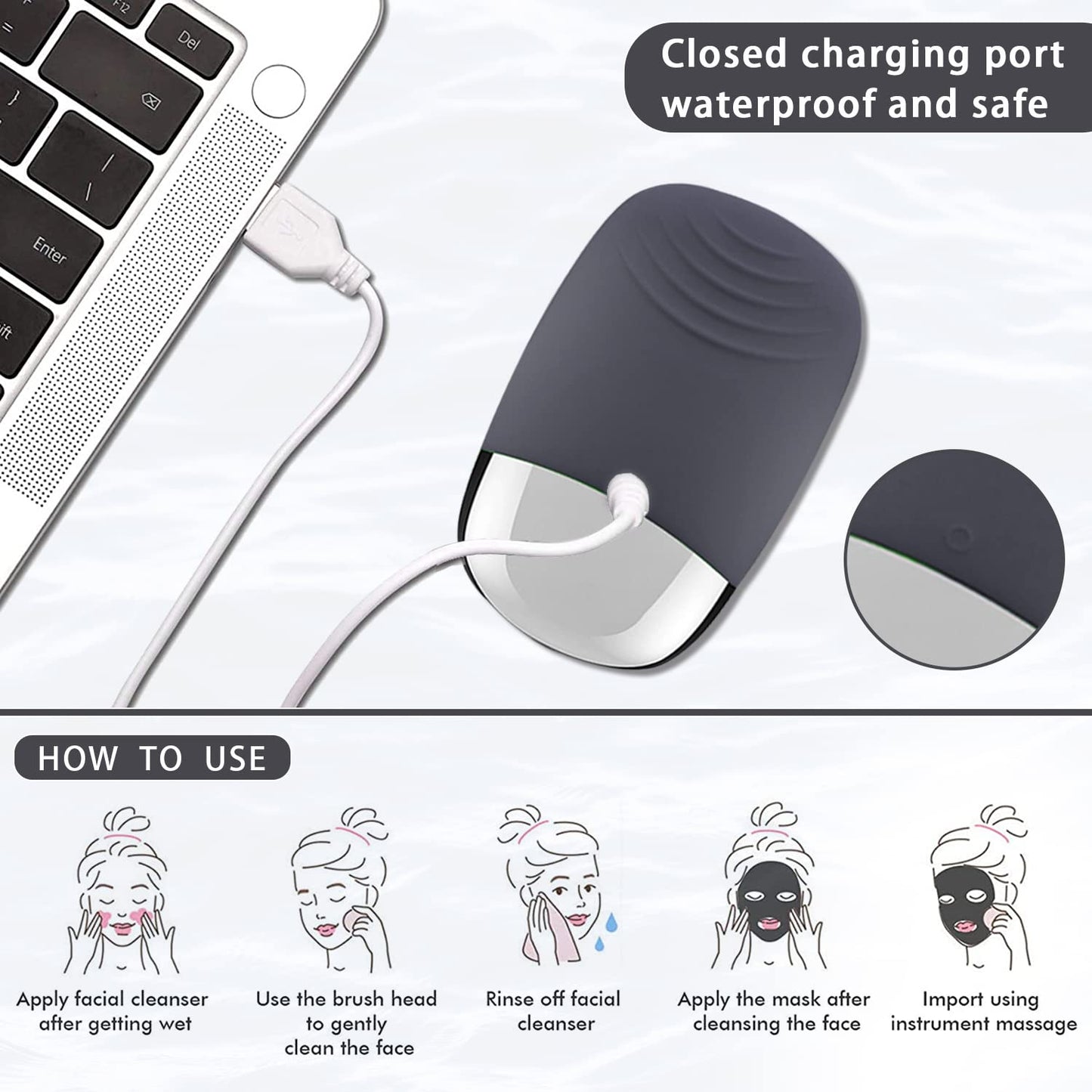 Facial Cleansing Brush, 3-in-1 Electric Silicone Face Scrubber, Vibrating Massager, IPX7 Waterproof, USB Rechargeble Pore Brush for Deep Cleanning, Blackhead Remover, Exfoliating (Gray)