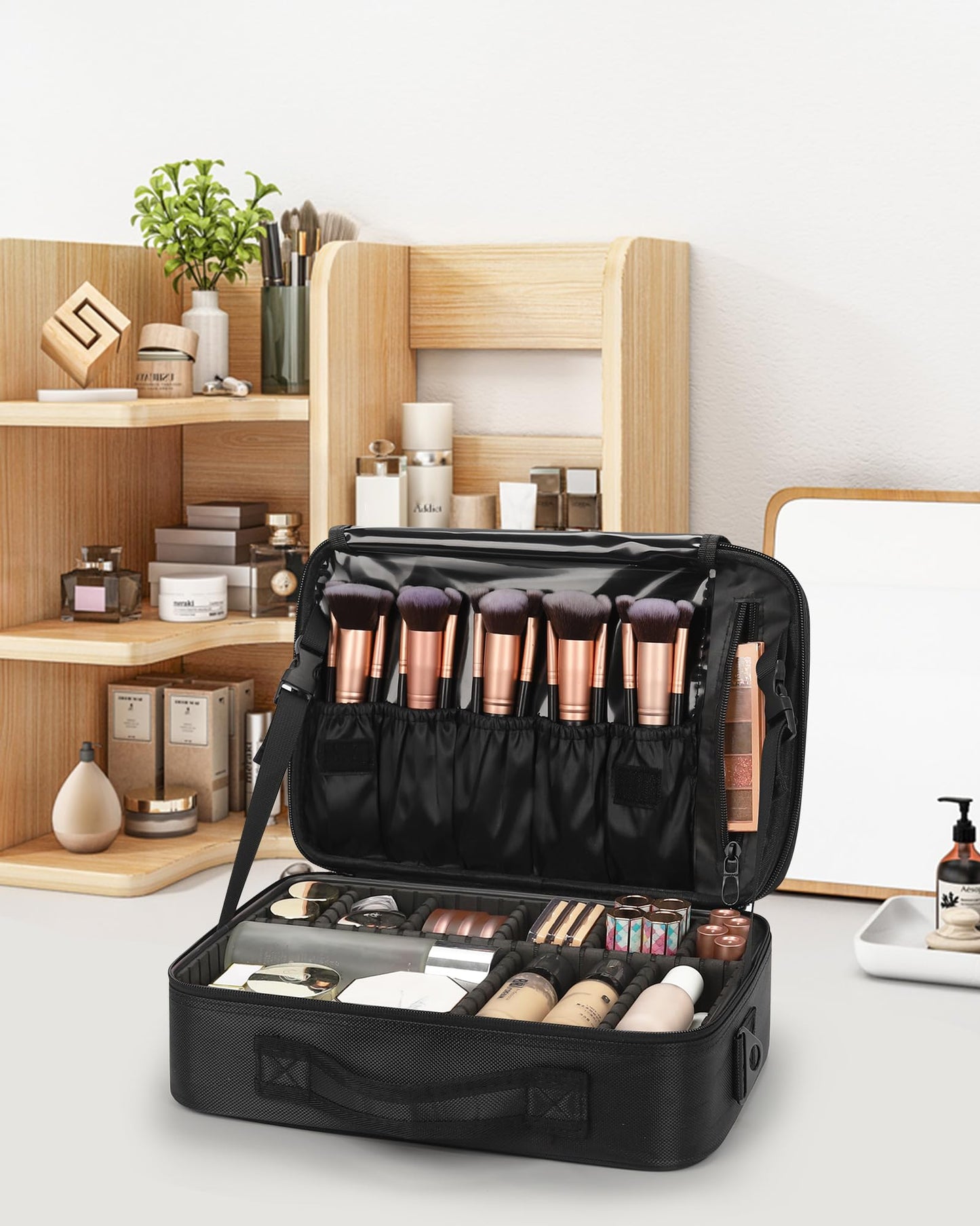 Relavel Makeup Bag Train Case for Women Travel Cosmetic Organizer with Adjustable Dividers and Brush Compartment, Large Storage Box for Cosmetics, Toiletries, Nail Polish, Jewelry, Electronic (Black)