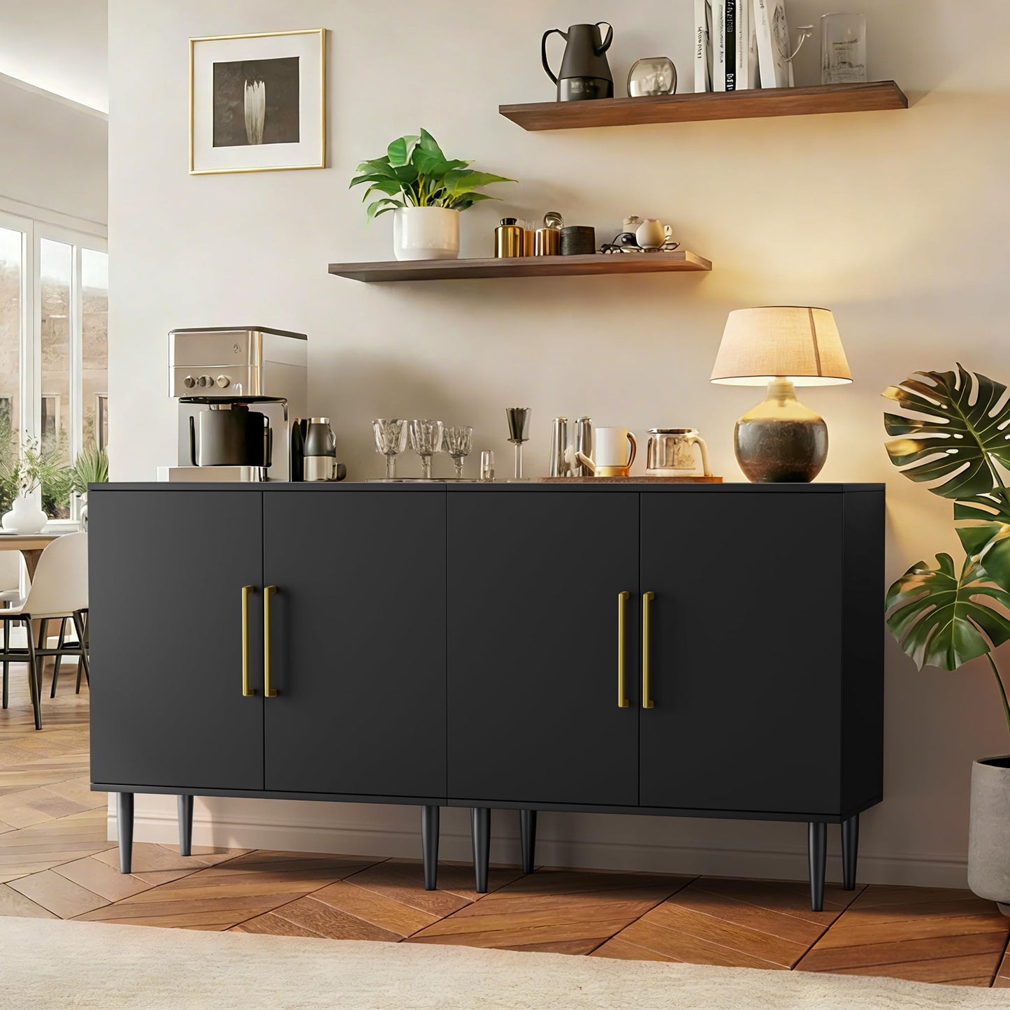 Fkhouse Black Buffet Cabinet, Free Standing Sideboard with Storage, Wood Accent Cabinet with Doors,Modern Credenza, Sideboard Storage Cabinet for Living Room, Dining Room(1, Black & Gold)