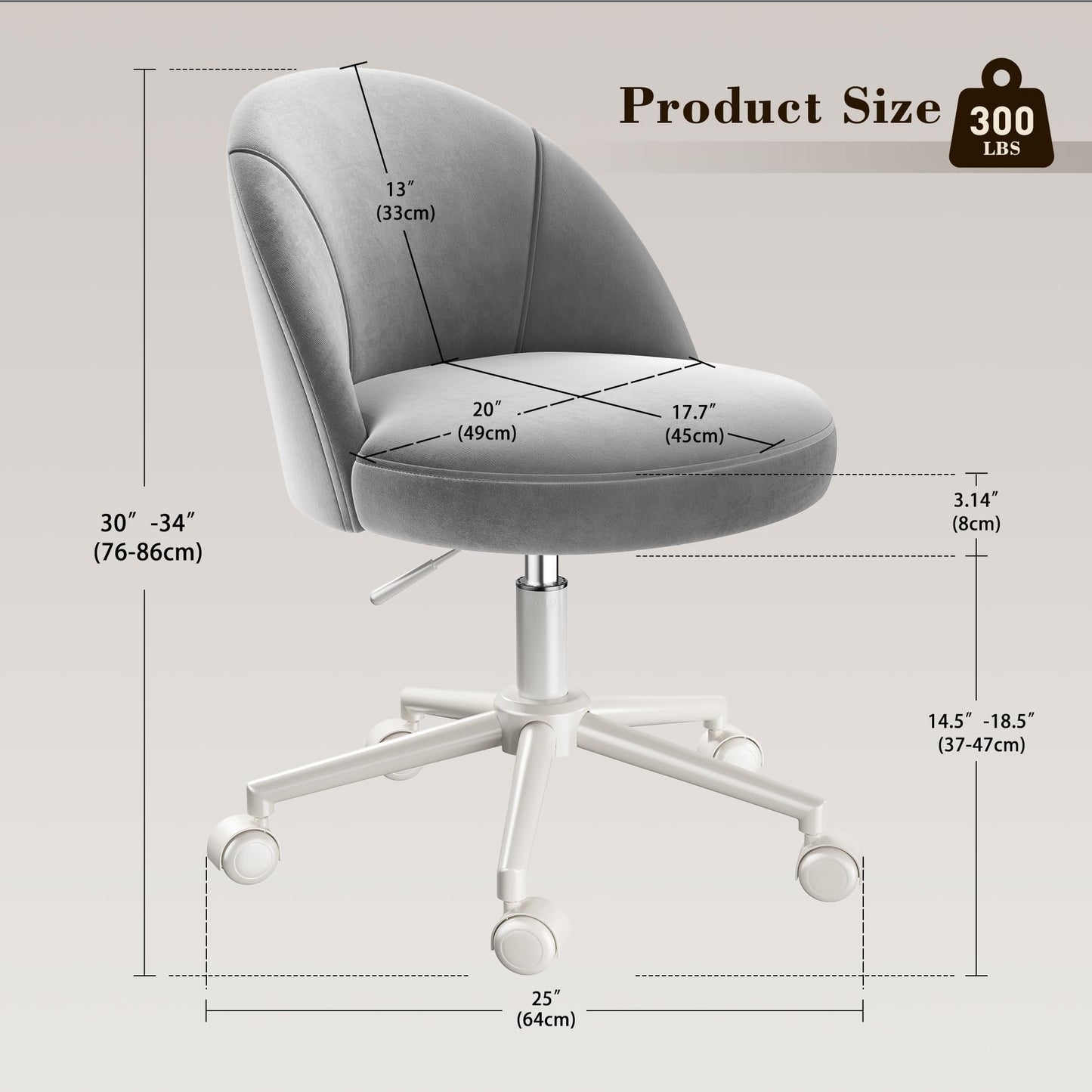 EnHomee Velvet Vanity Chair with Wheels, Ergonomic Desk Chair with Height Adjustable, Armless Makeup Chair for Home Office, Bedroom, Dorm, Muted Grey