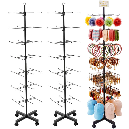 Ripeng 2 Pack 7-Tier Rotating Retail Display Stand, Adjustable Spinning Rack with Wheels for Jewelry Earrings Keychains Craft Shows Vendor Events, Black