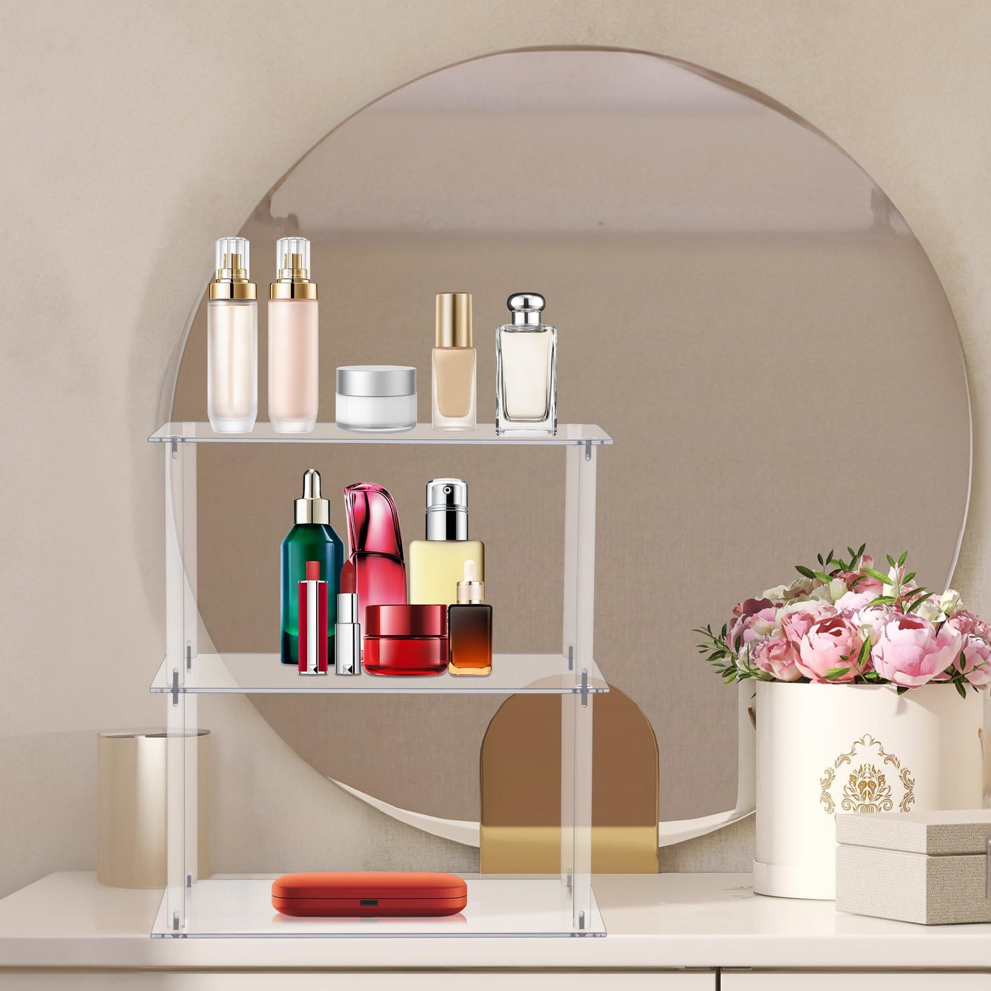 Jusalpha Rectangular 3 Tier Clear Acrylic Tabletop Display Stand，Bathroom Vanity Cosmetic Makeup Organization Shelves, Home Decor Display Stand (3 Tier, Rectangular)