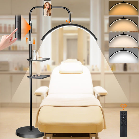 young master Half Moon Lash Light, 24W 1500LM Dimmable LED Floor Lamp with Adjustable Height for Lash Techs, Tattoo & Nail Artists, 4 Color Modes, Phone Holder & 2 Trays
