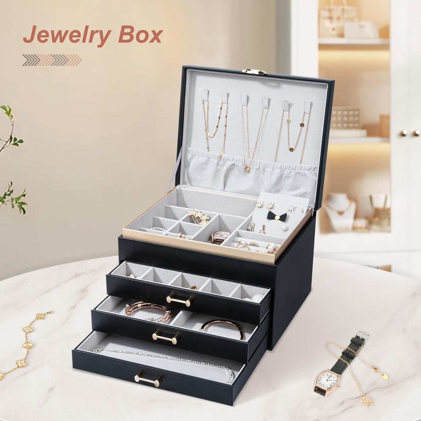 V-LAFUY Jewelry Boxes for Women, Large Jewelry Storage Boxes, 4-Layer Leather Jewelry Organizer with 3 Drawers, Jewelry Display Case Gift for Women Girls, Black