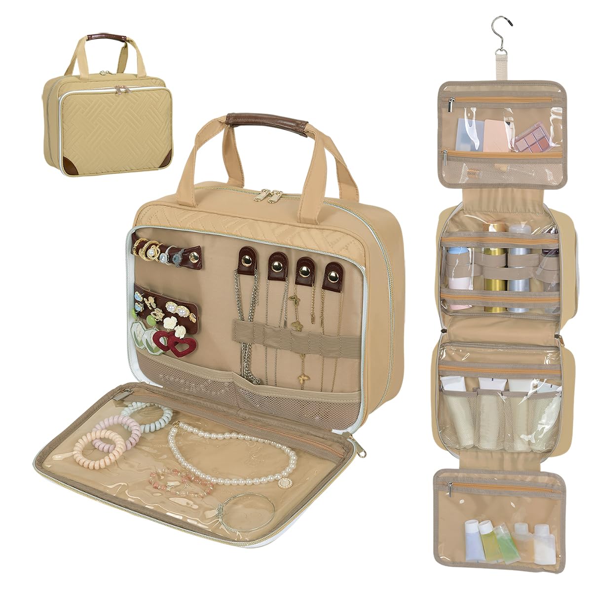 LANDFOBO Toiletry Bag for Women, Hanging Travel Toiletry Bag with Jewelry Organizer Compartment Large Makeup Bag, Cosmetic for Travel Business Trips Camping Bathroom Beige