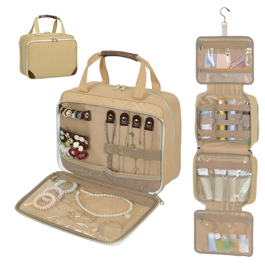LANDFOBO Toiletry Bag for Women, Hanging Travel Toiletry Bag with Jewelry Organizer Compartment Large Makeup Bag, Cosmetic for Travel Business Trips Camping Bathroom Beige
