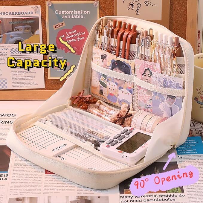 Pencil Case Pouch Box Cute Kawaii Large Capacity Aesthetic Zipper Pen Holder Organizer Bag for Office Workspace Supplies Desk Accessories Travel (Light Grey)