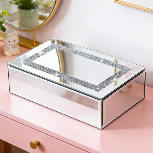 Poayewly Mirrored Jewelry Box for Women, Crushed Diamond Jewelry Organizer, Glam Vanity Decor Storage Box for Rings Earrings Necklaces, Luxury Mirror Makeup Organizer