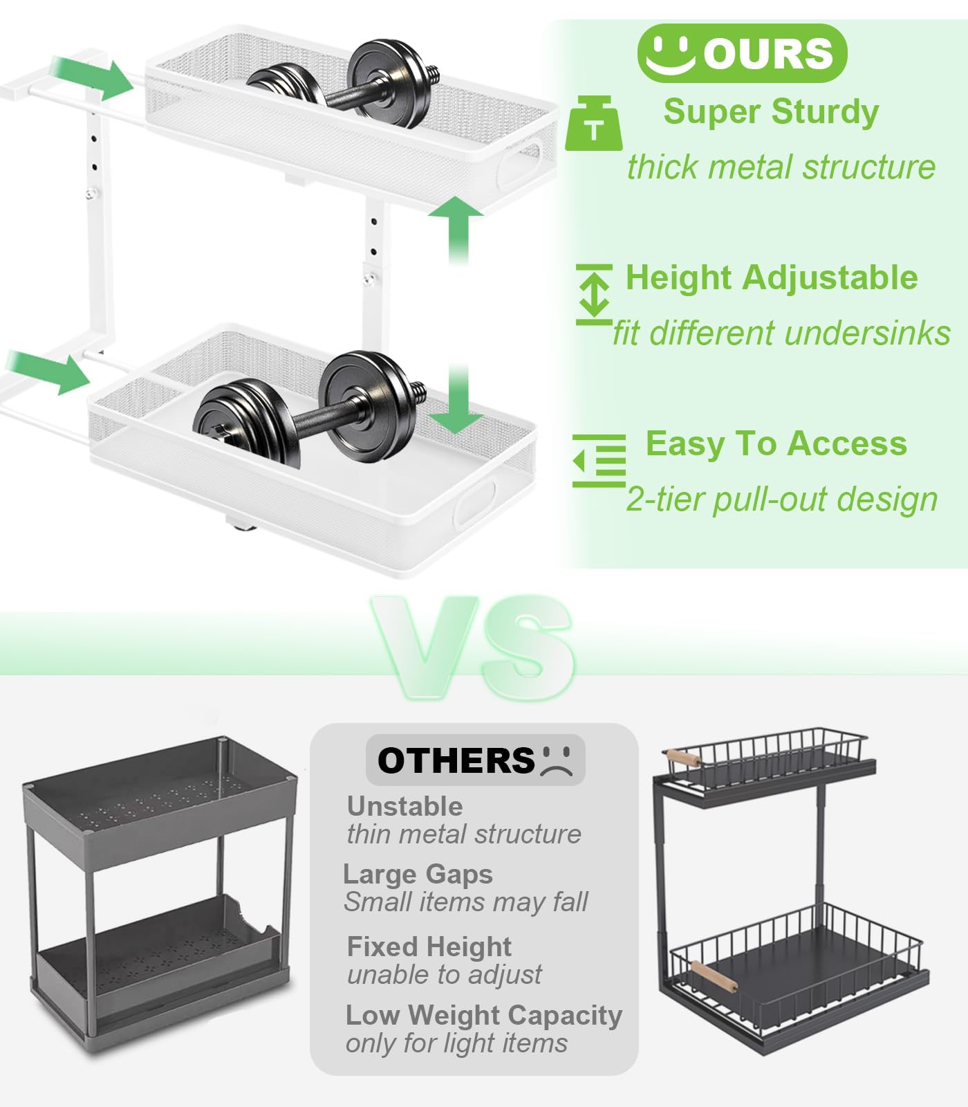 Dolesman Under Sink Organizer, High Adjustable 2 Tier Under Sink Organizers and Storage, Slide out Metal Cabinet Organizers, Pull out Storage Drawer Shelf for Kitchen Bathroom Cabinet (1, White)