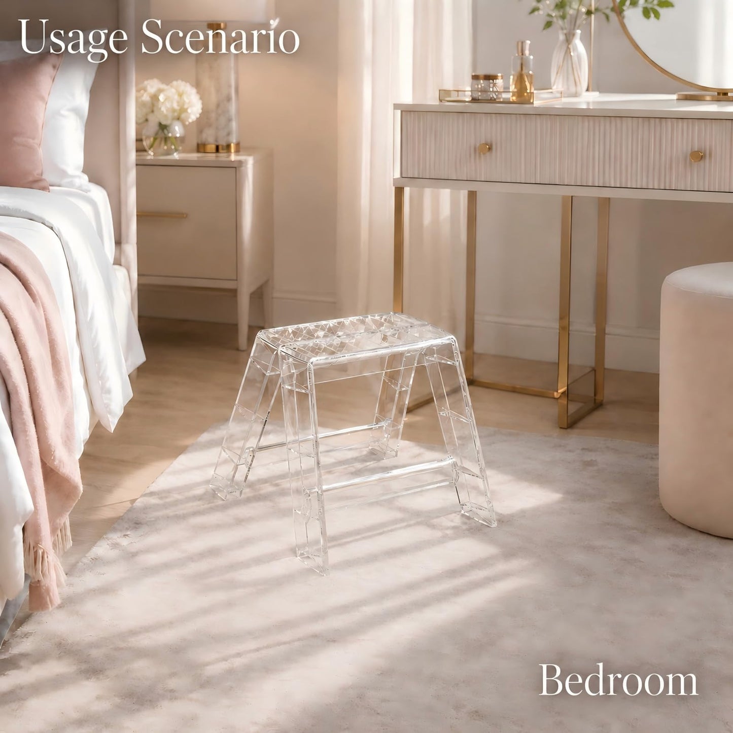 KiroArt Clear Acrylic-Style Folding Stool, Portable Lightweight Folding Seat, Compact Space Saving Stool for Bathroom, Vanity, Bedroom, Closet & Small Spaces(Transparent)