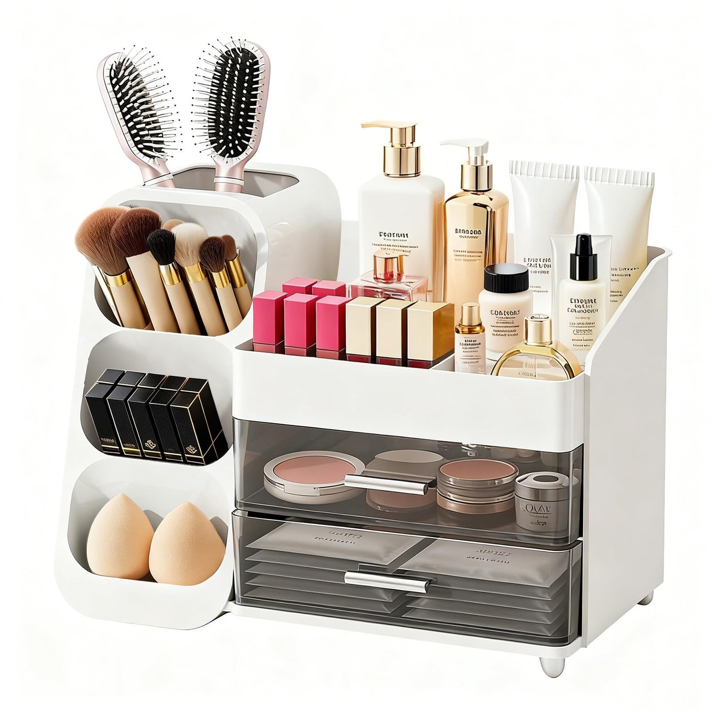 ShinyDew Bathroom Countertop Makeup Organizer with Brush Holder, Large Cosmetic make up storage organizers with 2 Drawers for Vanity Counter top, Makeup Caddy for skincare, lipsticks, hairbrush