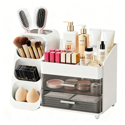 ShinyDew Bathroom Countertop Makeup Organizer with Brush Holder, Large Cosmetic make up storage organizers with 2 Drawers for Vanity Counter top, Makeup Caddy for skincare, lipsticks, hairbrush