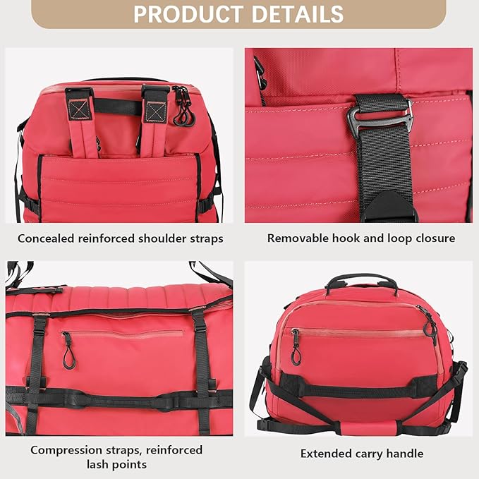CONTAIL 86L Foldable Wheeled Duffel Backpack with Padded Quilted Bottom, Waterproof Collapsible Travel Duffle Bag with Extended Web Handles,No Telescope Handle,Red