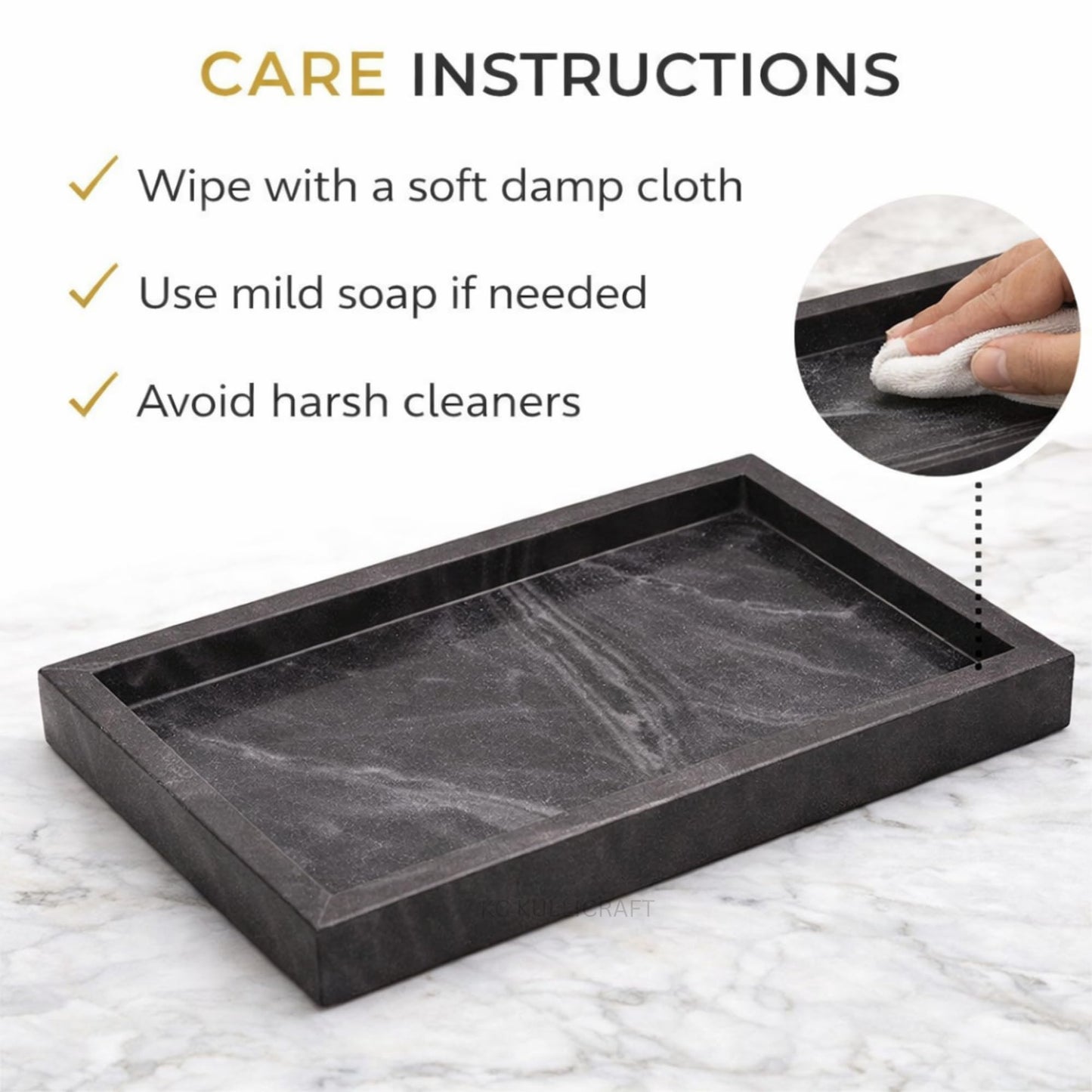 KC KULLICRAFT Natural Marble Tray for Bathroom Black Finish | Kitchen | Vanity | Desktop, Stone Organizer for Coffee Table, Dresser, Nightstand, Soap, Towel, Plant, Jewelry (12" x 8"), Rectangular