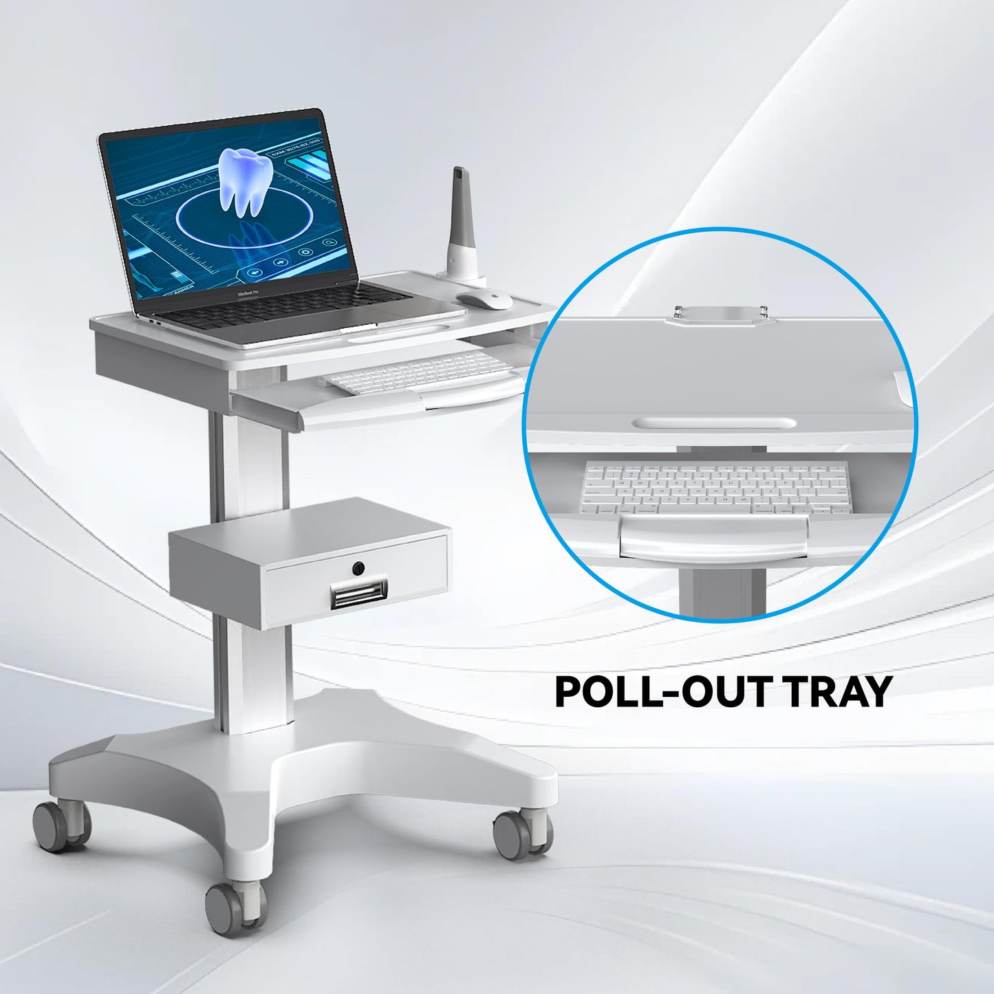 Yedaeop Medical Trolley Cart with Oral Scanner Holder, 30kg Load Laptop Tray Mobile Workstation on Wheels with a Drawer for Hospital Dental Clinics Beauty Salons