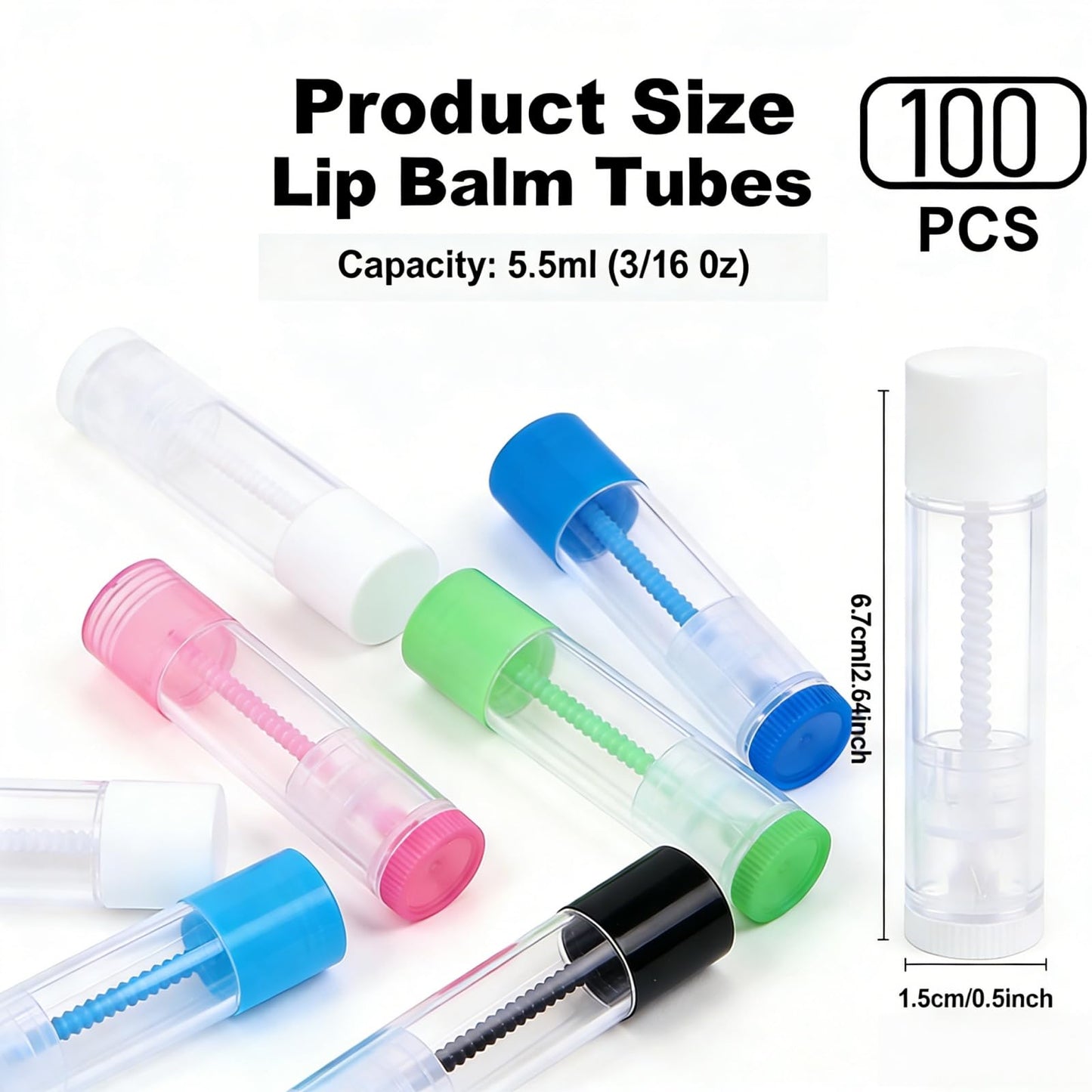 100-Pack Empty Refillable Lipstick Tubes, 0.15oz(5.5 ML) Capacity, Twist-Up Base for DIY Cosmetics, Lip Balm, Solid Perfume, Salve Projects (5 Colors CAP-100P)