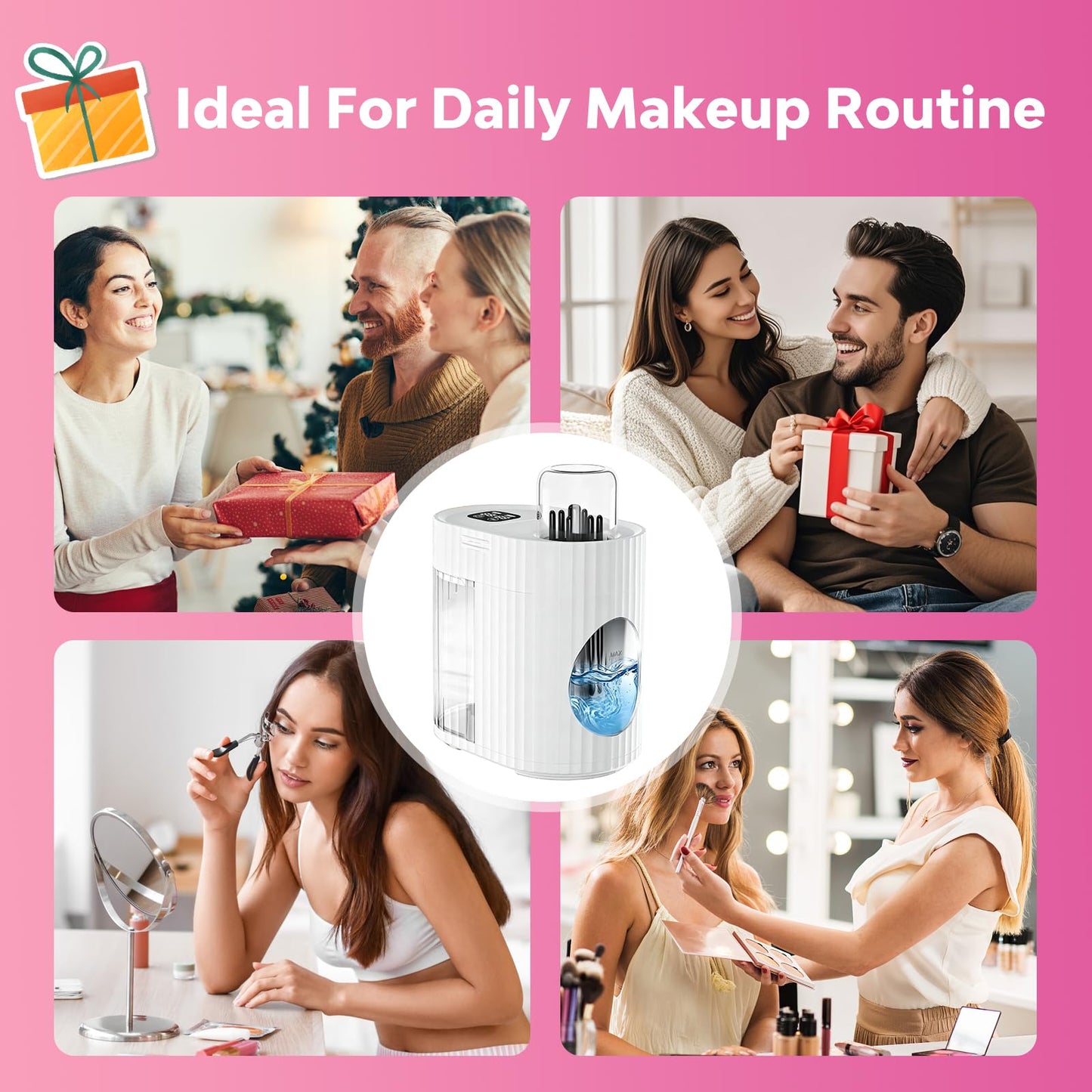 Electric Makeup Brush Cleaner Machine, 3-IN-1 Automatic Cleaning & Fast Drying, 1200RPM High-speed Spinning, Adjustable Timer, LED Display, 7 Slots for All Brush Sizes, USB Powered, Pure White