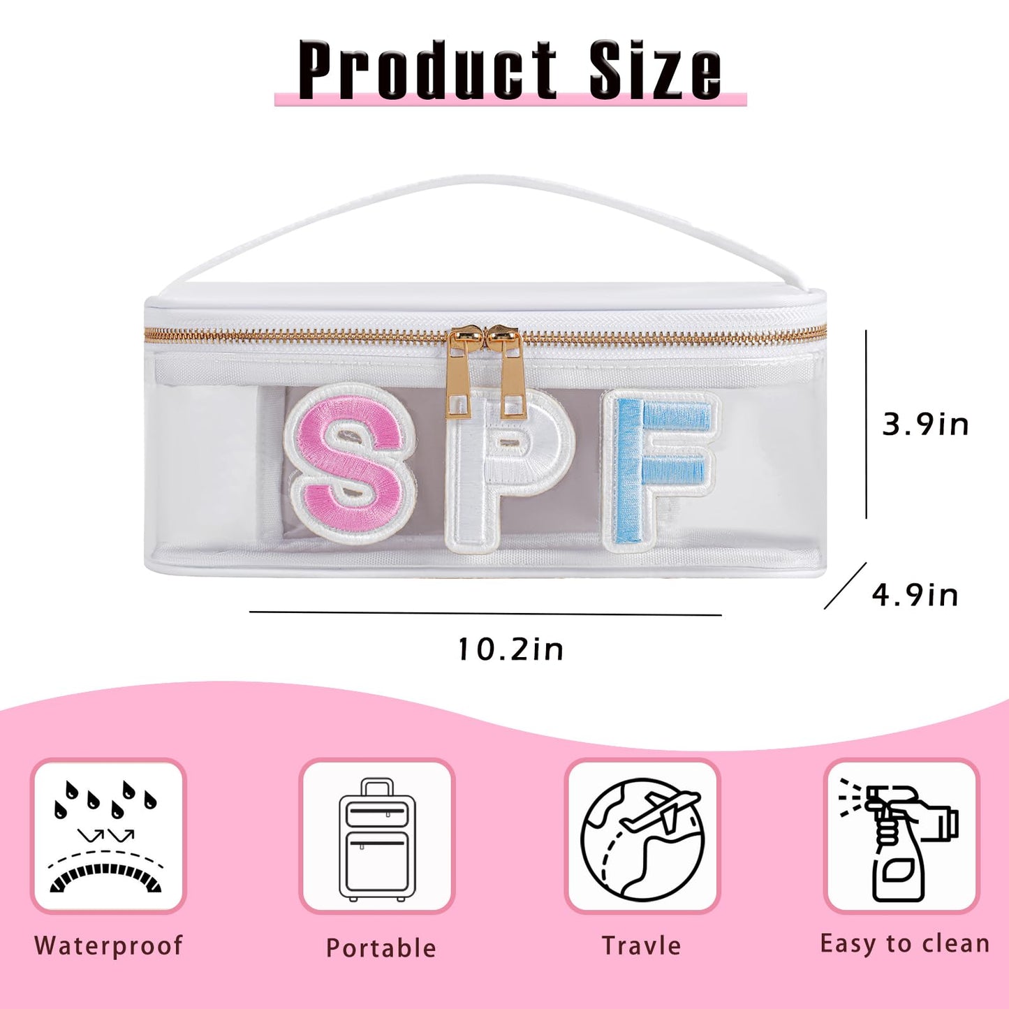 RSRSLEII Clear Waterproof Summer SPF Makeup Bag，Aesthetic Transparent Letter Patch Cosmetic Bag with Metal Zipper, Preppy Sunscreen Accessories Storage Organization, Beach Travel Purse(06SPF White)