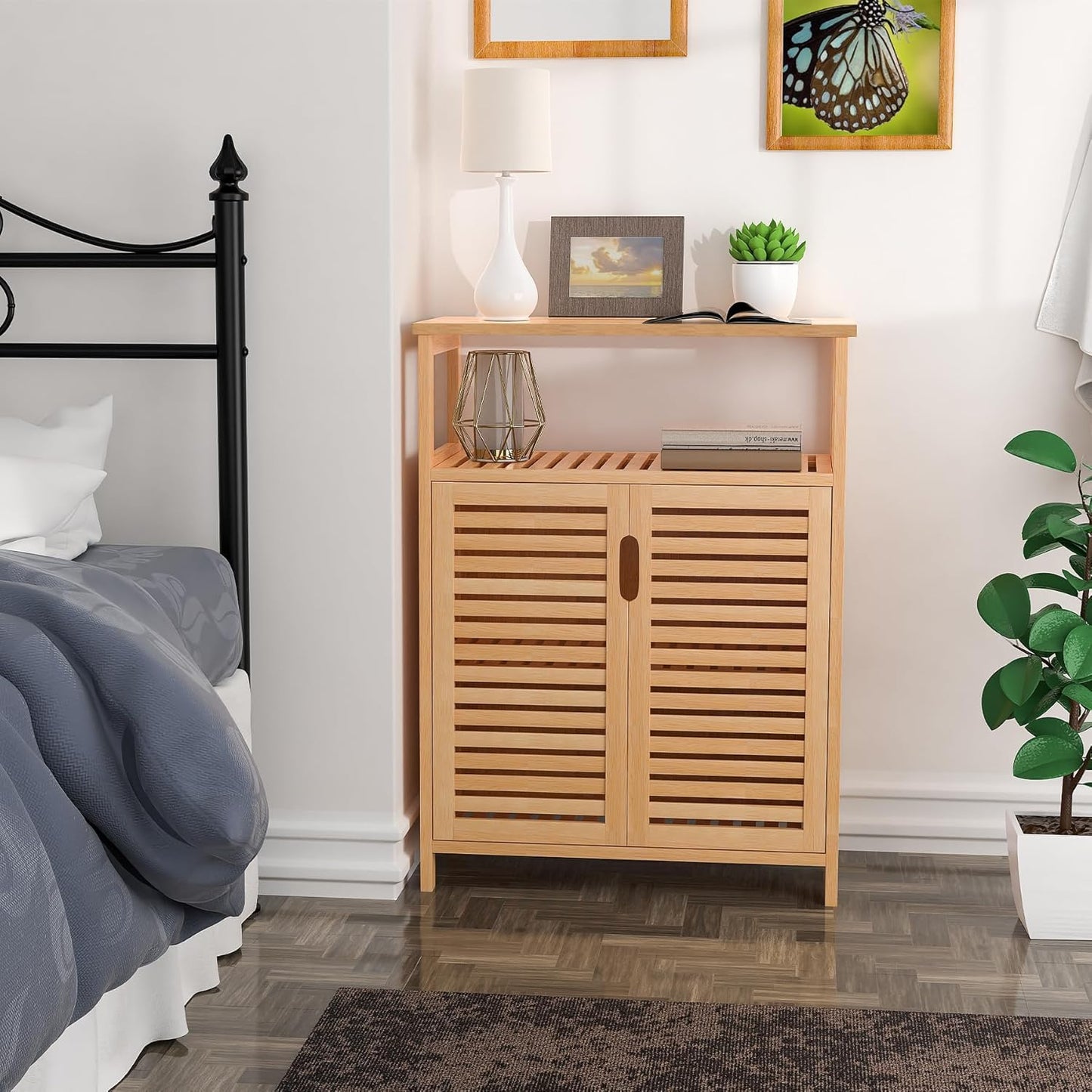 FoverOne Bamboo Bathroom Storage Cabinet with 2 Doors, Bathroom Floor Freestanding Cabinets Organizer for Living Room, Kitchen, Entryway