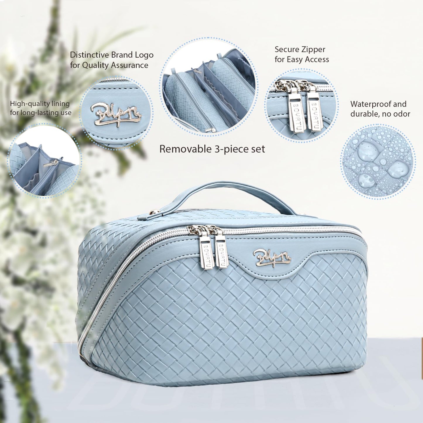 BOYATU Travel Makeup Bag Cosmetic Bags for Women: Large Capacity 3 Pcs Set Make up Bag with Compartments - Waterproof Vegan Leather Toiletry Organizer Bags with Handle (L04 Light Blue)