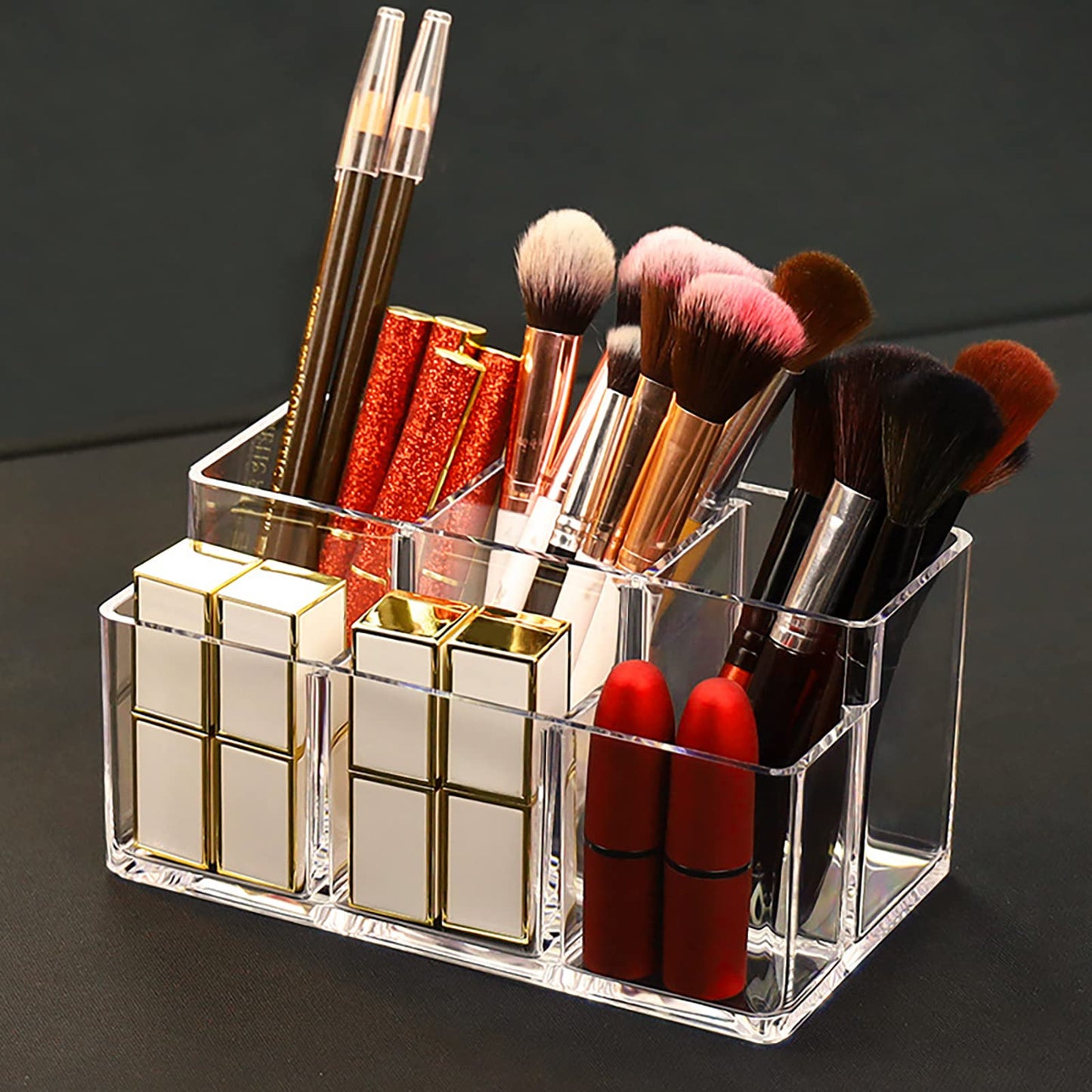Foraineam 2 Pack Acrylic Makeup Brushes Holder with 6 Slots, Clear Pen Pencil Organizer Desktop Stationery Storage Container, Vanity Cosmetic Eyeliners Eyebrow Pencil Display Case