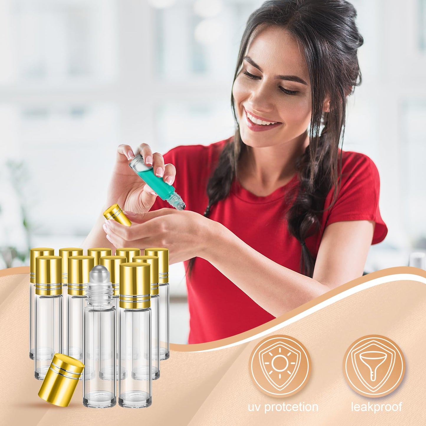 Sumind Essential Oil Roller Bottles - 250 Pcs, 10 ml Glass, Stainless Steel Roller Balls, Leakproof, Funnel Included(Clear with Gold Cap)