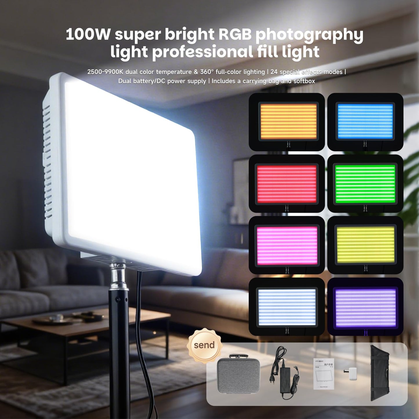 YSKE-100W RGB LED Photography Light & Panel Light, Professional Camera Light Video Light with Softbox Lighting Kit, Continuous Selfie Light for Podcast, YouTube, Video and Photography Lights.
