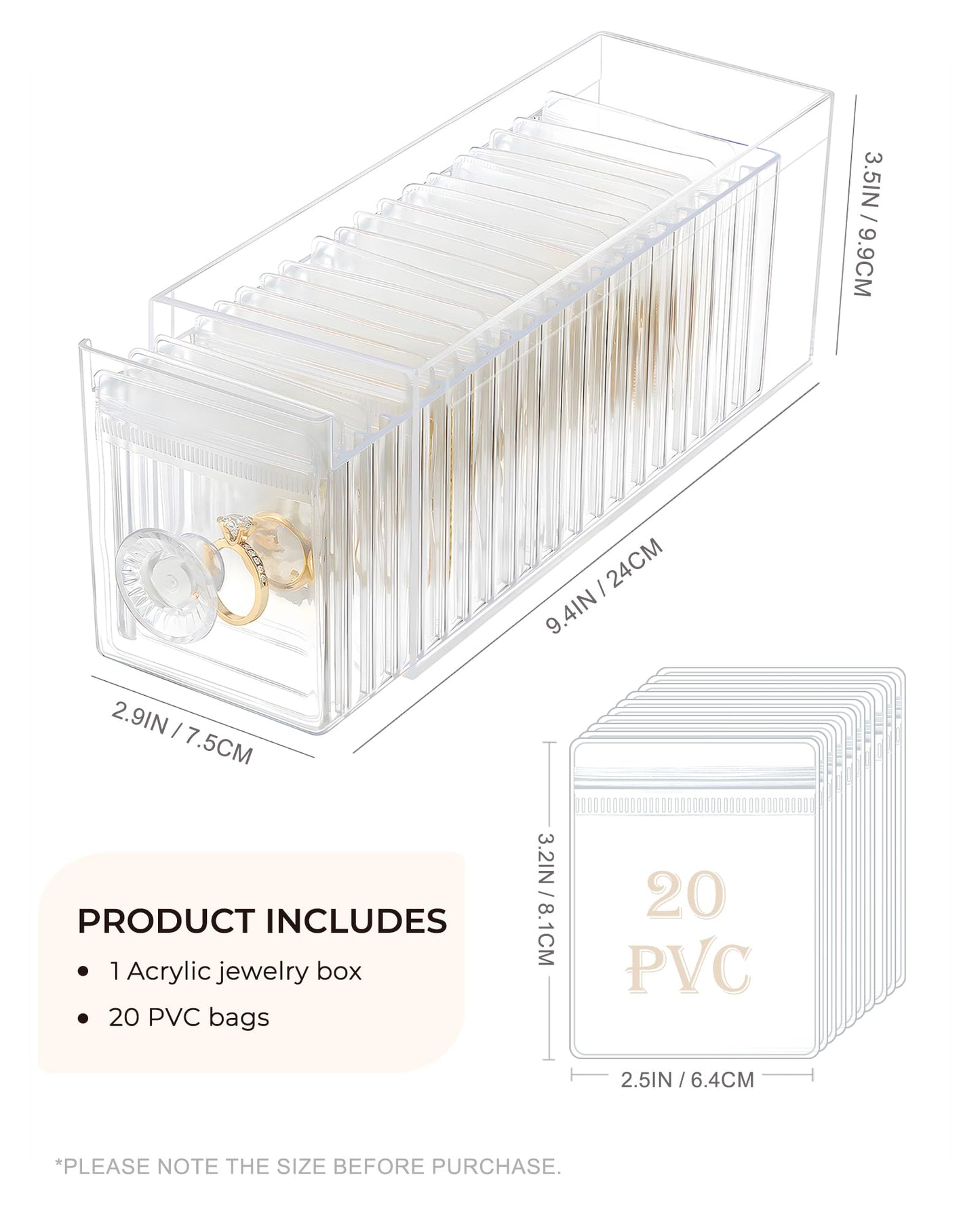 HOMEHIVE Clear Acrylic Jewelry Organizer Box with 20 Portable Pouches, Jewelry Storage Case for Women Girls, Tangle-Free, Anti-Tarnish, Compact Storage for Necklaces/Earrings/Rings, Upgraded Clear
