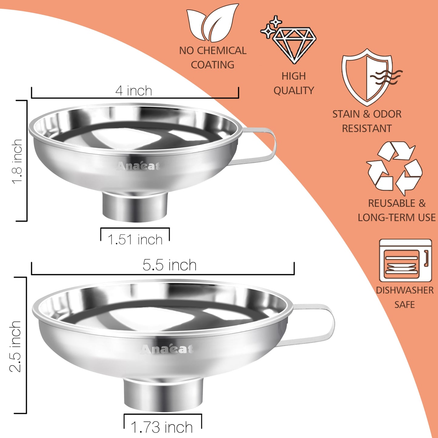 Anaeat Stainless Steel Canning Funnel with Handle for Wide and Regular Jars & Canning Jars, Wide-Mouth Funnels Excellent for Transferring Liquid and Dry Ingredients, Large Solids, Oil, Beans & Jams
