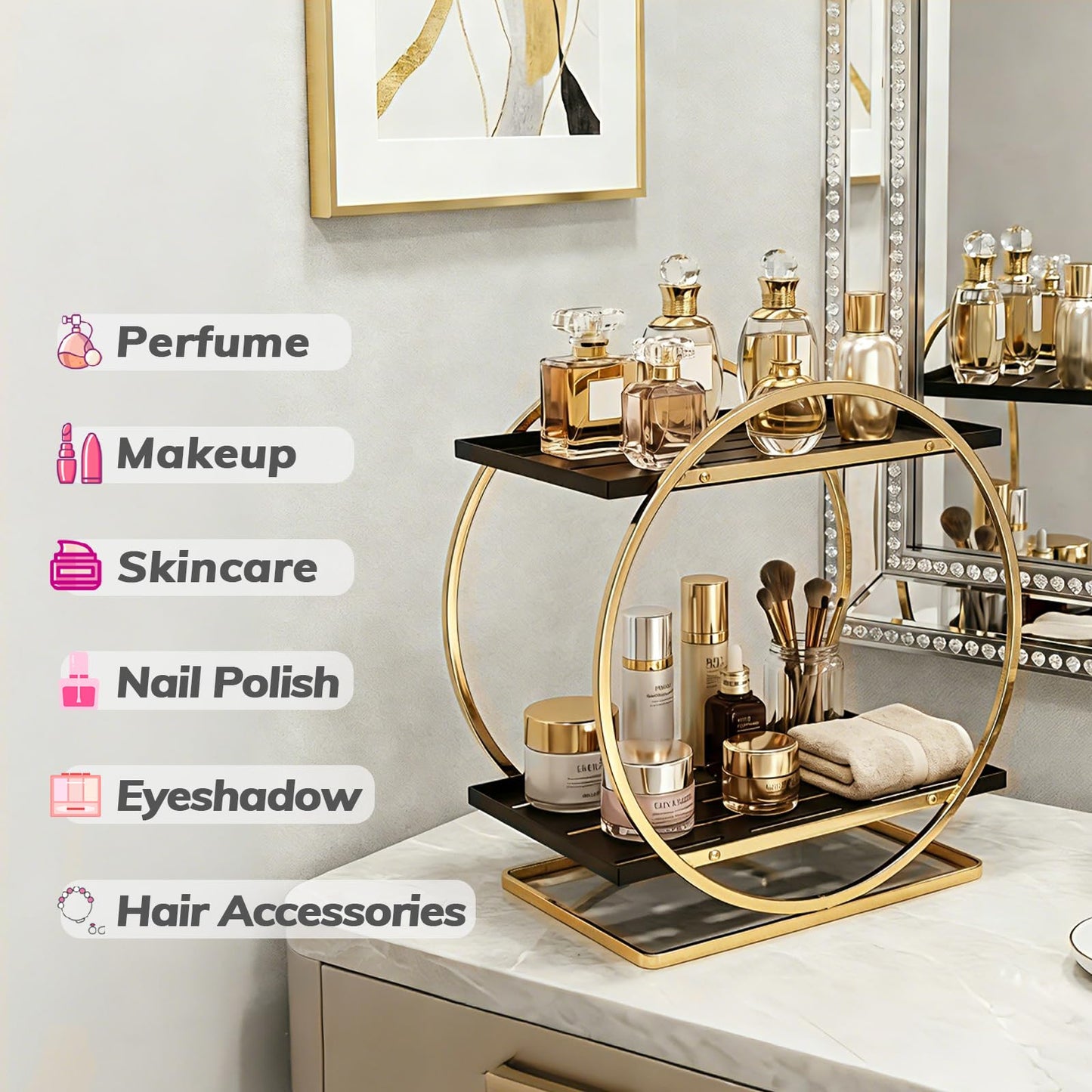 Nexyetnov BO2701 2 Tier Bathroom Organizer, Perfume Organizer for Dresser, Black Gold
