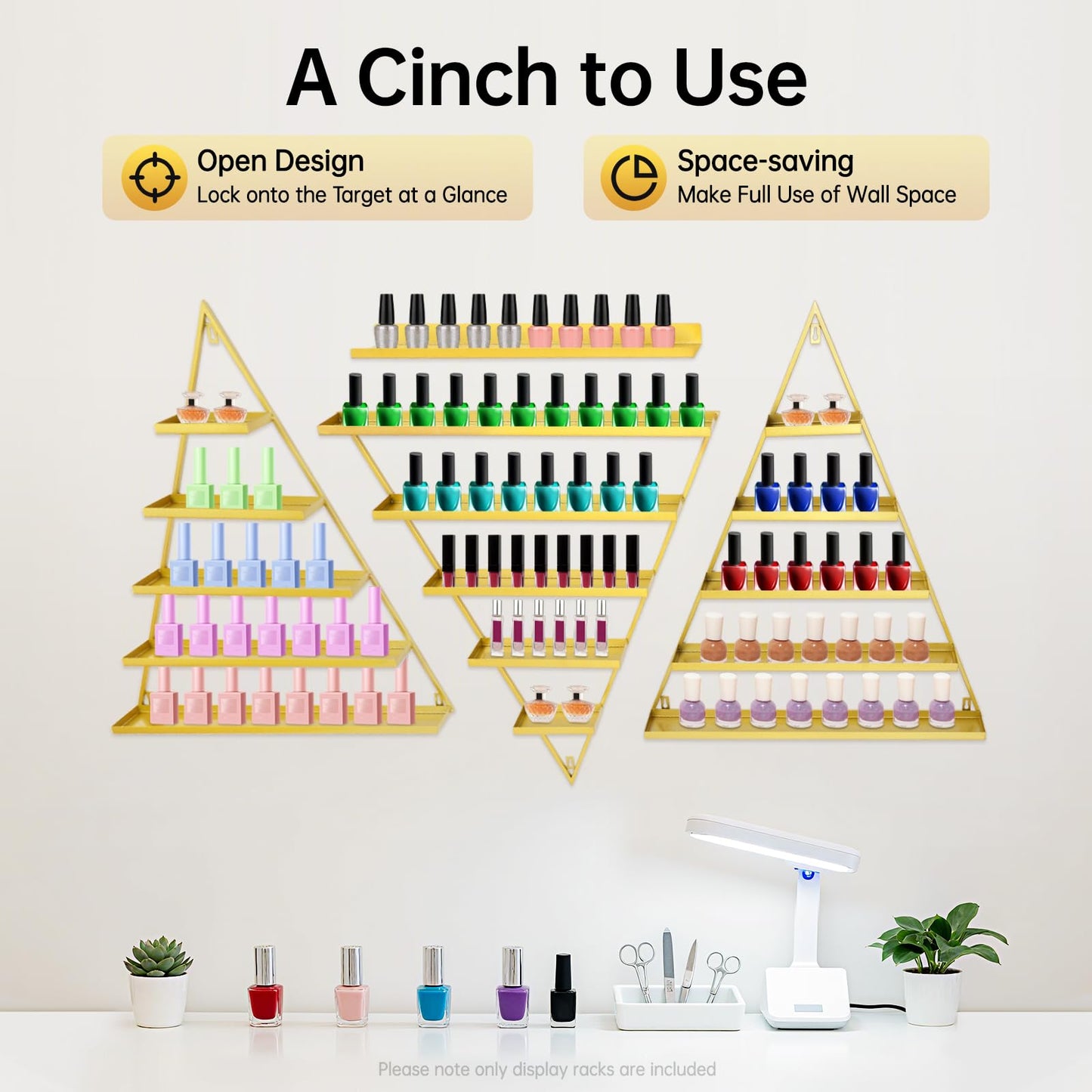 InnaMall 5 Tier Wall-Mounted Nail Polish Display Rack, 6PCS Metal Triangular Nail Polish Racks Holds Up to 90 Bottles Each Triangle for Nail Salon, Cosmetics & Beauty Shop Gold