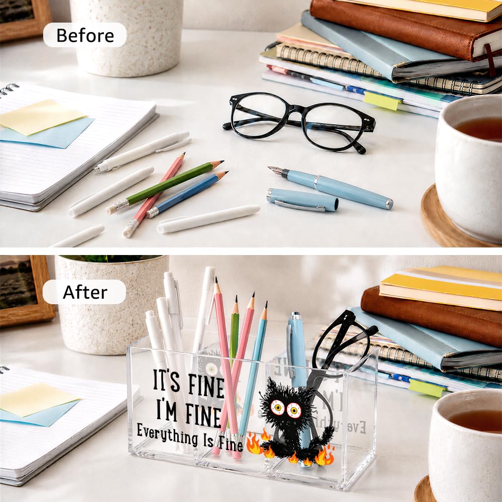 UAKXOIF It's Fine 3 Compartment Acrylic Makeup Organizer & Pen Holder, Black Cat Cosmetic Storage Box for Lipstick Brushes Skincare, Desk Organizer for Office School Vanity, Office Gifts for Coworker