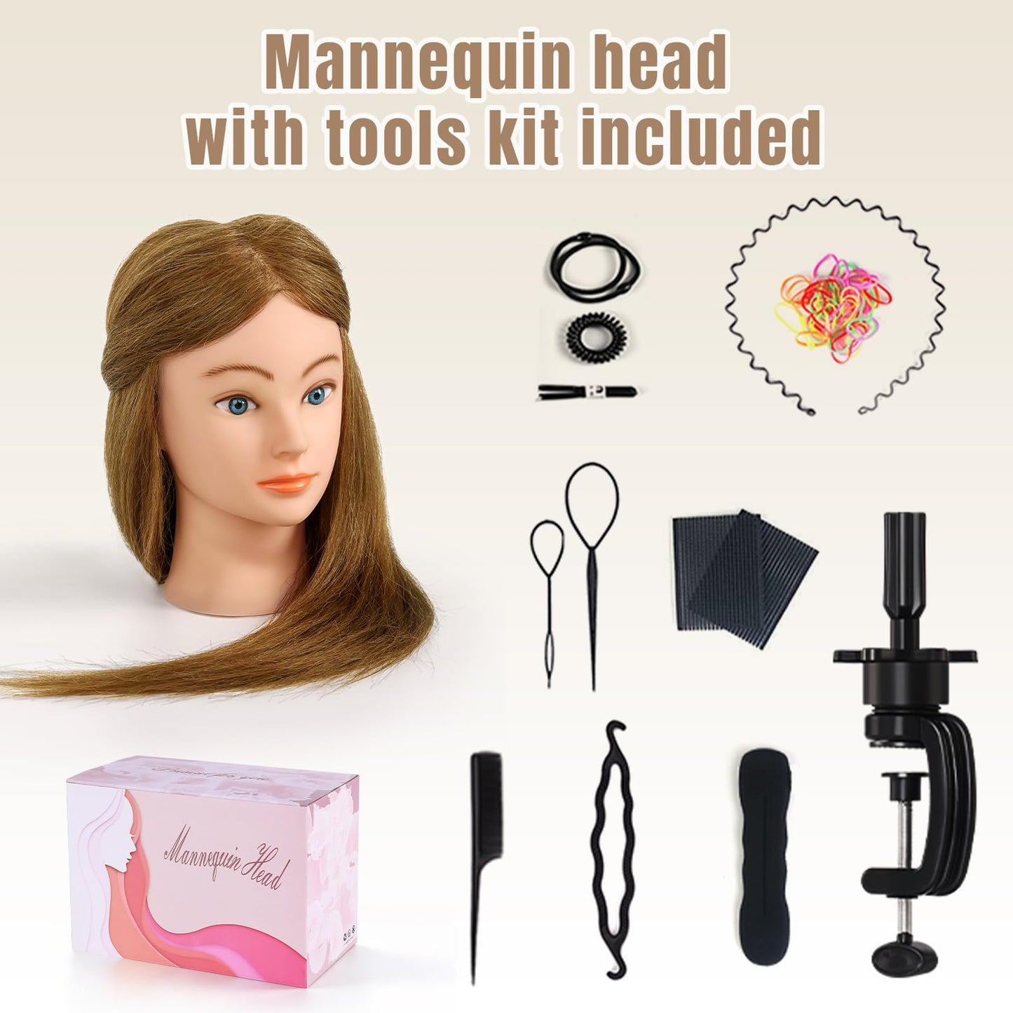 Mannequin Head with 100% Human Hair,22''Real Hair Cosmetology Mannequin Manikin Head Hair Styling Hairdressing Practice Training Doll Head Hairs with Clamp Holder and Tools(Light Brown Blue Eyes)