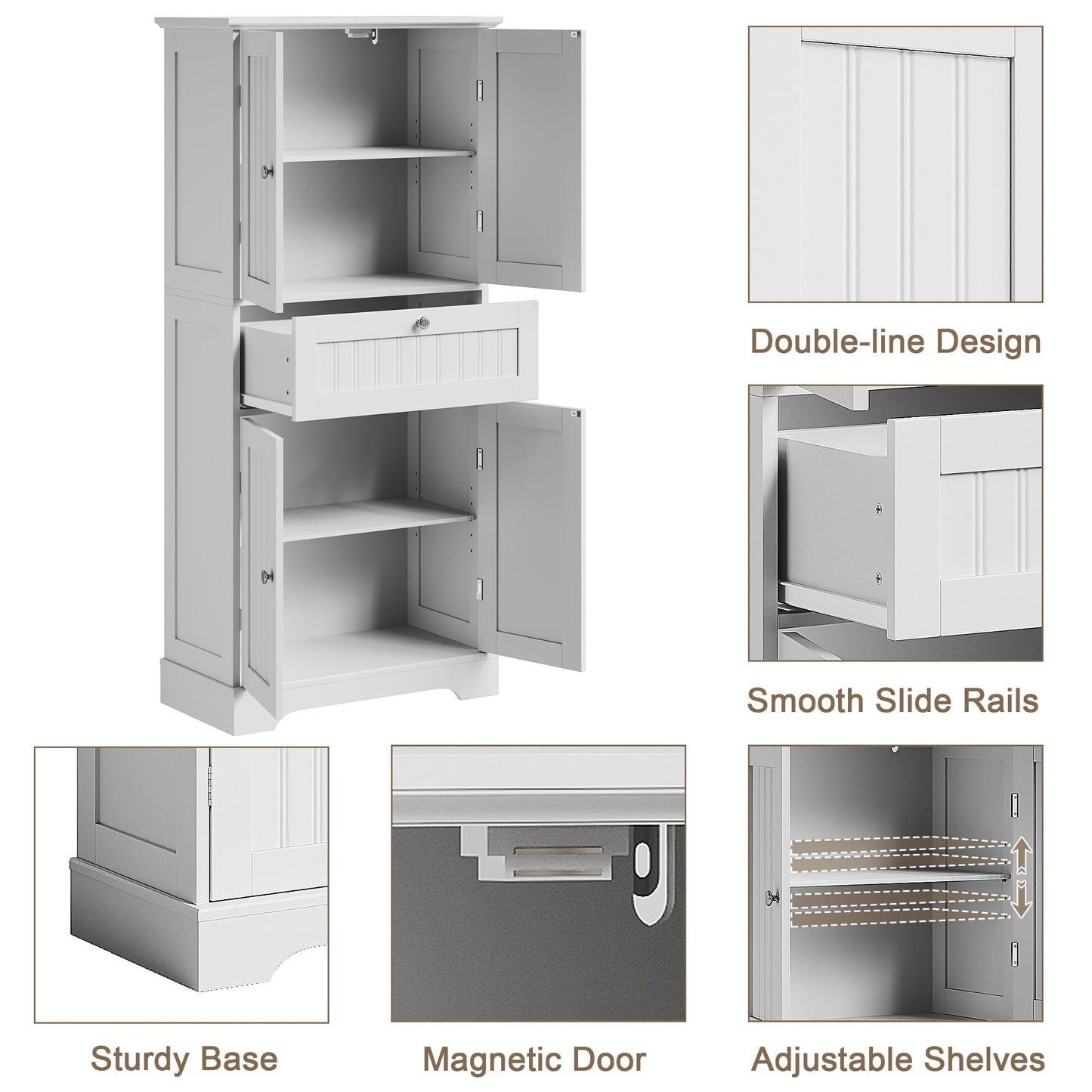 ChooChoo 51" H Tall Bathroom Floor Cabinet, Modern Bathroom Storage Cabinet with Drawer and Adjustable Shelves, Freestanding Kitchen Pantry Cupboard with 4 Doors for Living Room, White