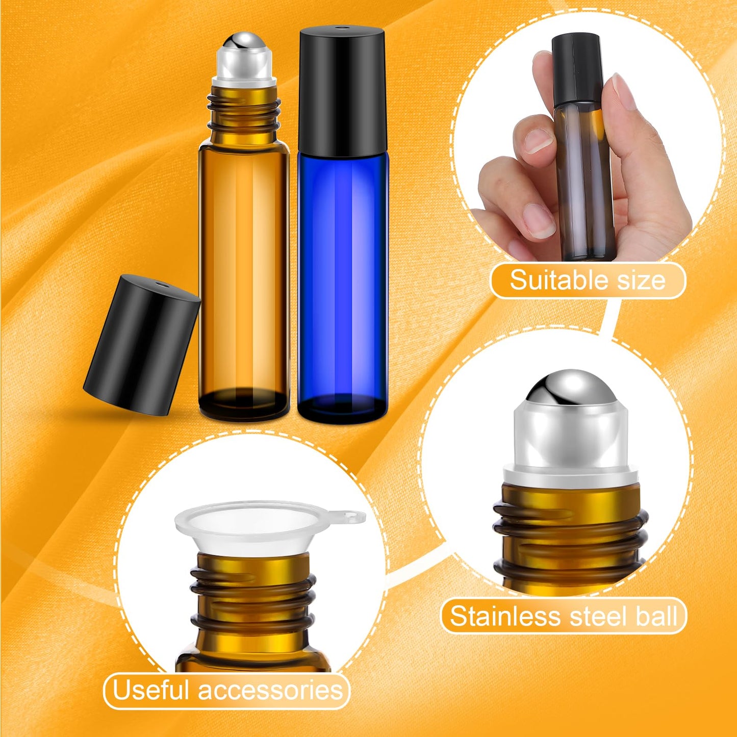 SEEWEY 96 Pcs Essential Oil Roller Bottles 10ml Empty Glass Roller Bottles with Stainless Steel Balls Protection Leakproof with 5 Funnel for Travel Perfume Lip Gloss(Amber, Blue)