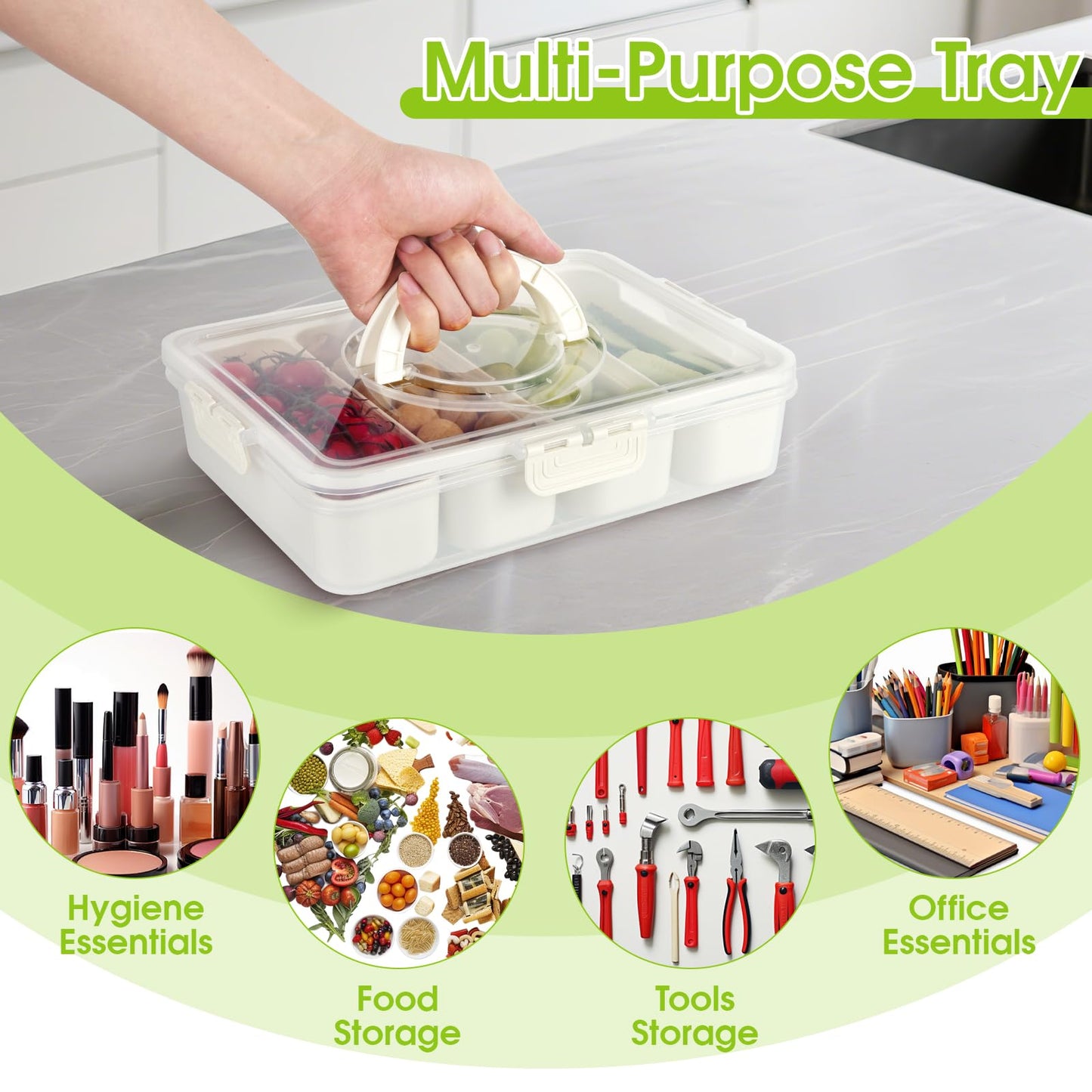 EMCHI Snackle Box Container,Divided Serving Tray with Lid,4 Compartment Travel Snack Container,Fruit Veggie Tray with Lid for Fridge Fresh Keeping,Multipurpose Storage Box for Picnic,Party,Travel